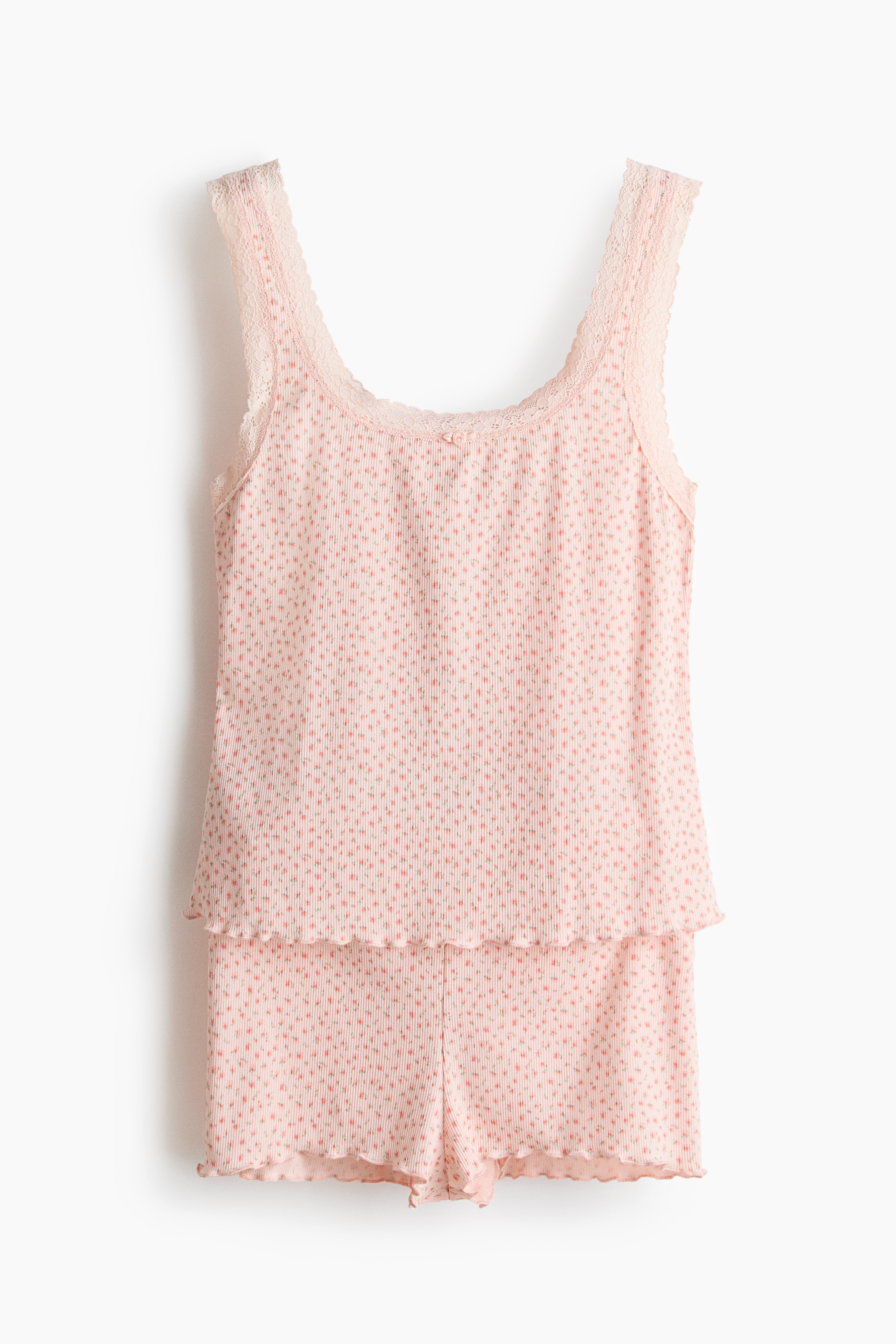 Lace-trimmed ribbed pyjamas - Peach pink/Floral/Light blue/Floral/Dark brown