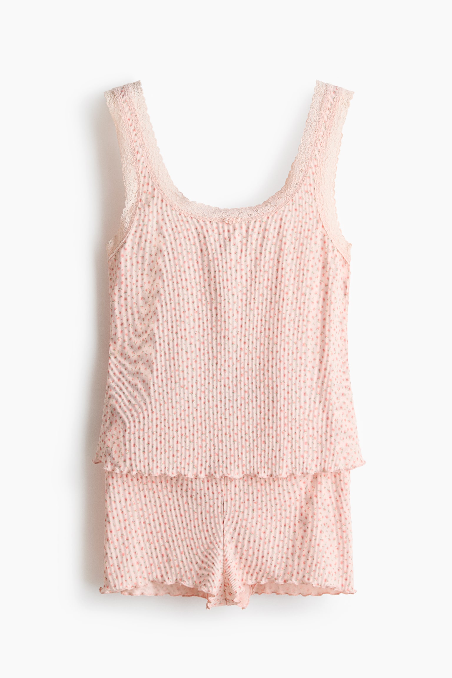 Bộ đồ ngủ gân nổi viền ren - Màu hồng đào/Hoa - 1