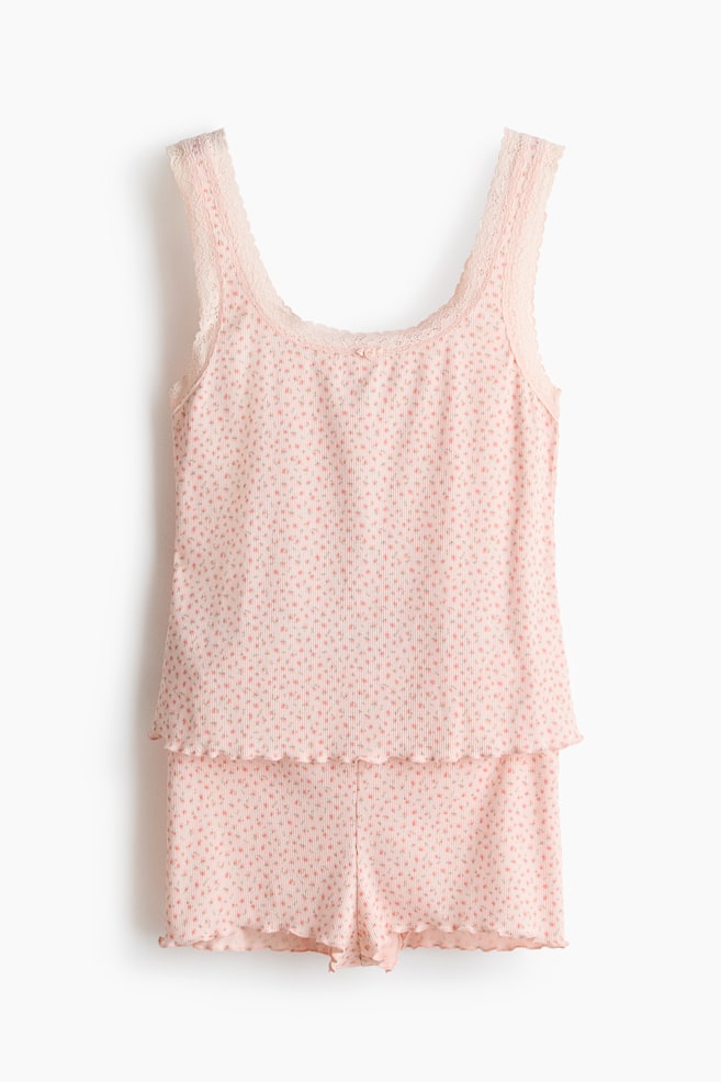 Lace-Trimmed Ribbed Pajamas - Peach pink/floral/Dark brown - 1