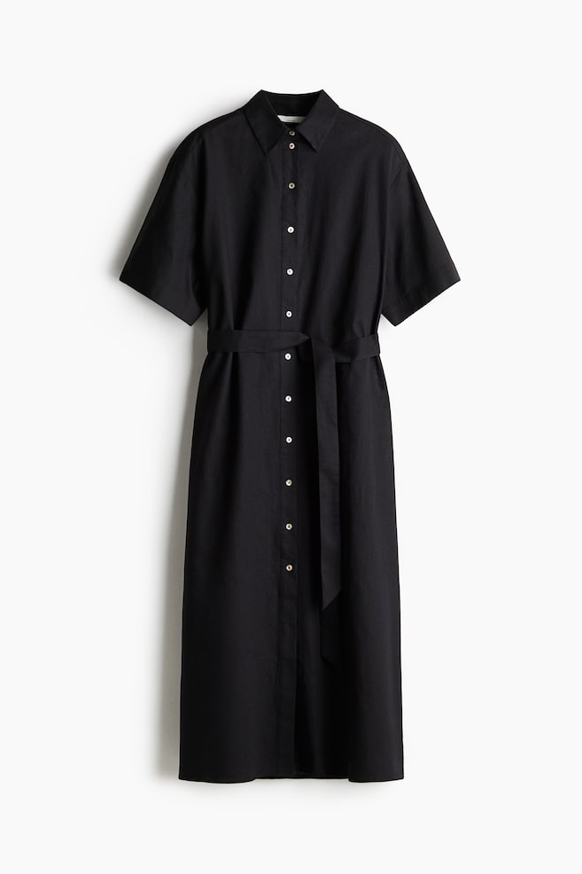 Linen-blend shirt dress - Black/Cream/Striped - 1