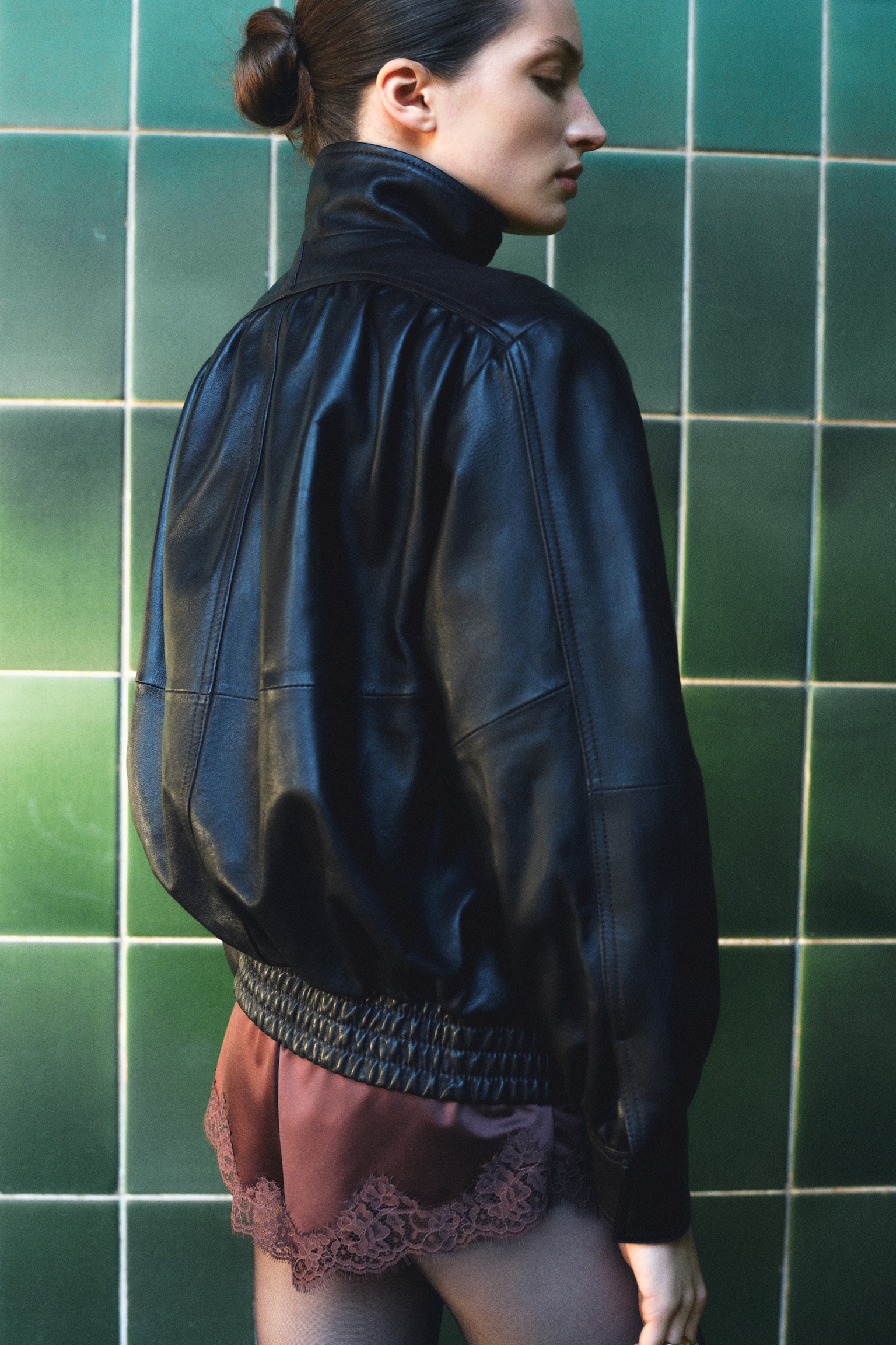 Oversized leather jacket - Dark brown - 3