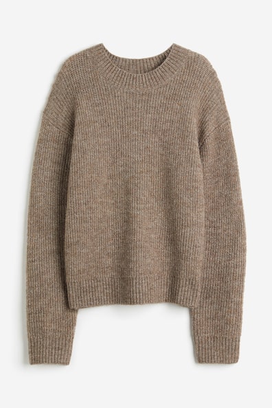 Rib-knit jumper - Round neck - Long sleeve - Dark beige marl - Ladies ...