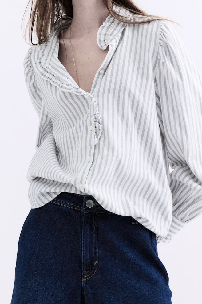 Frill-trimmed cotton blouse - White/Blue striped - 5
