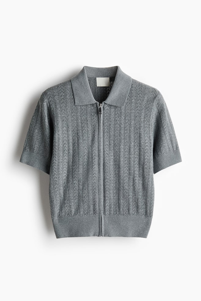 Pointelle-knit zip-through cardigan - Grey marl/Cream/Dusty blue - 1