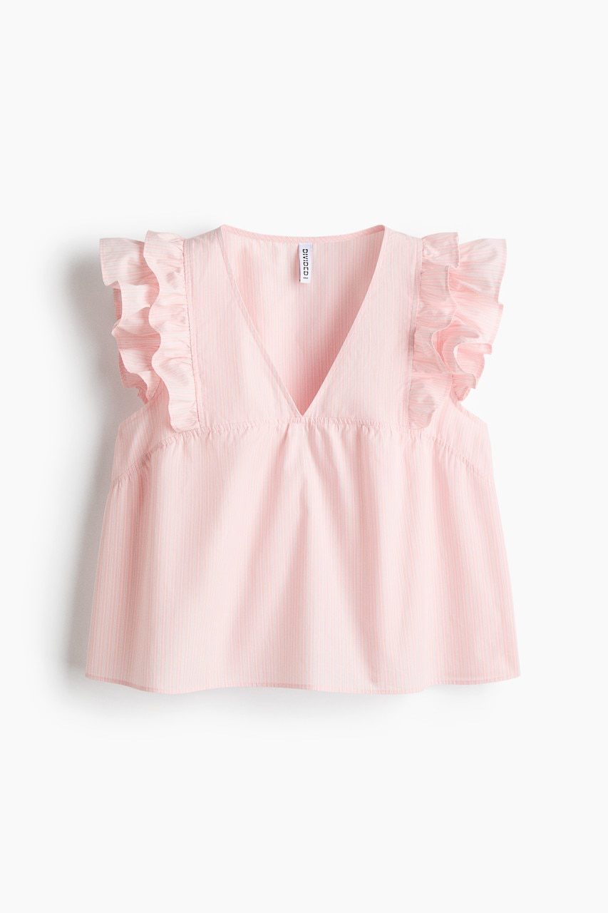 Frill-trimmed cotton poplin top - Light pink/striped/White/dotted