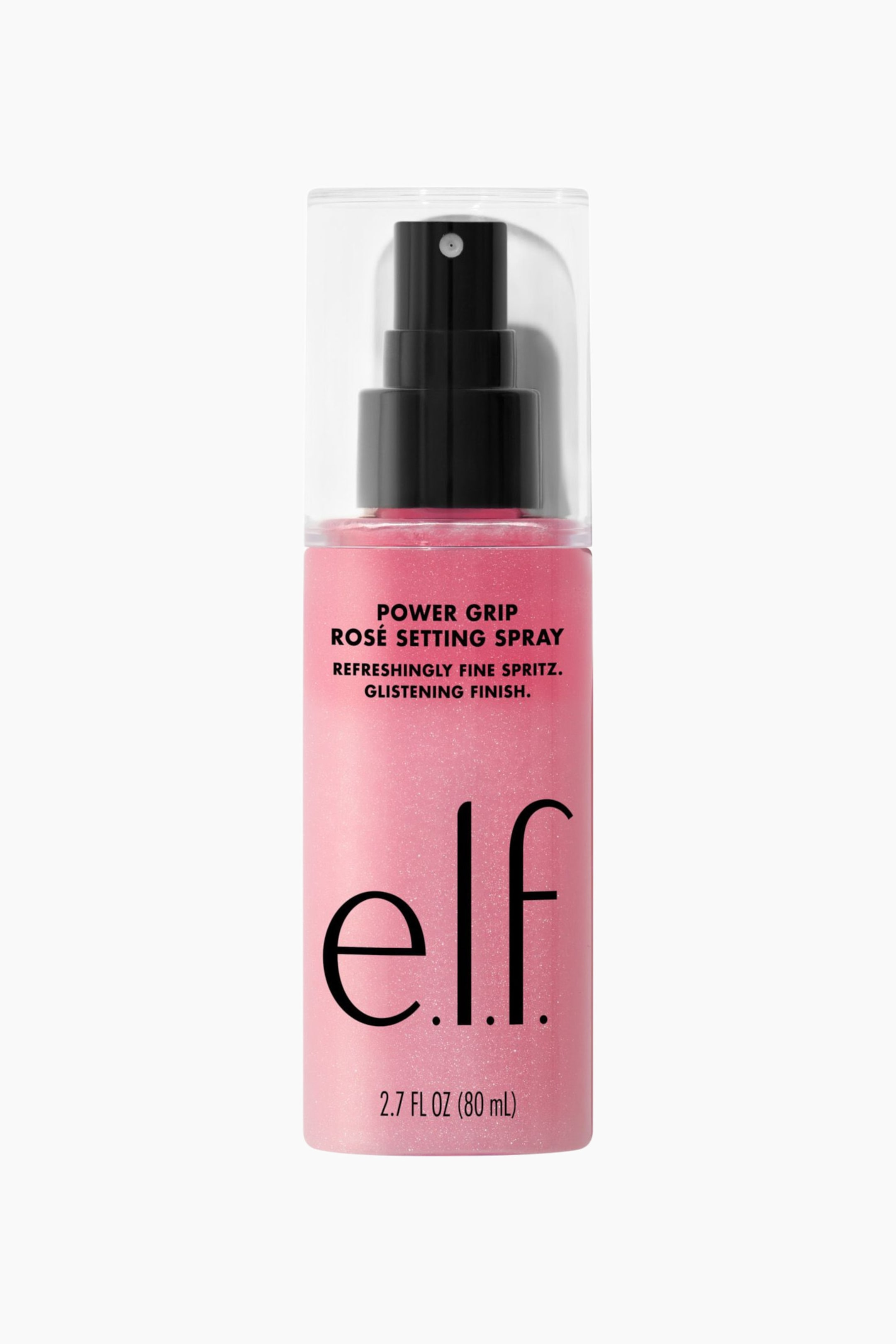 Vis større bilde: En rosa-skinnende kosmetisk sprayflaske står oppreist og vendt fremover. Den har en klar hette som dekker en svart sprøytepumpe, med tekst på flasken som sier "POWER GRIP ROSÉ SETTING SPRAY" og "elf".