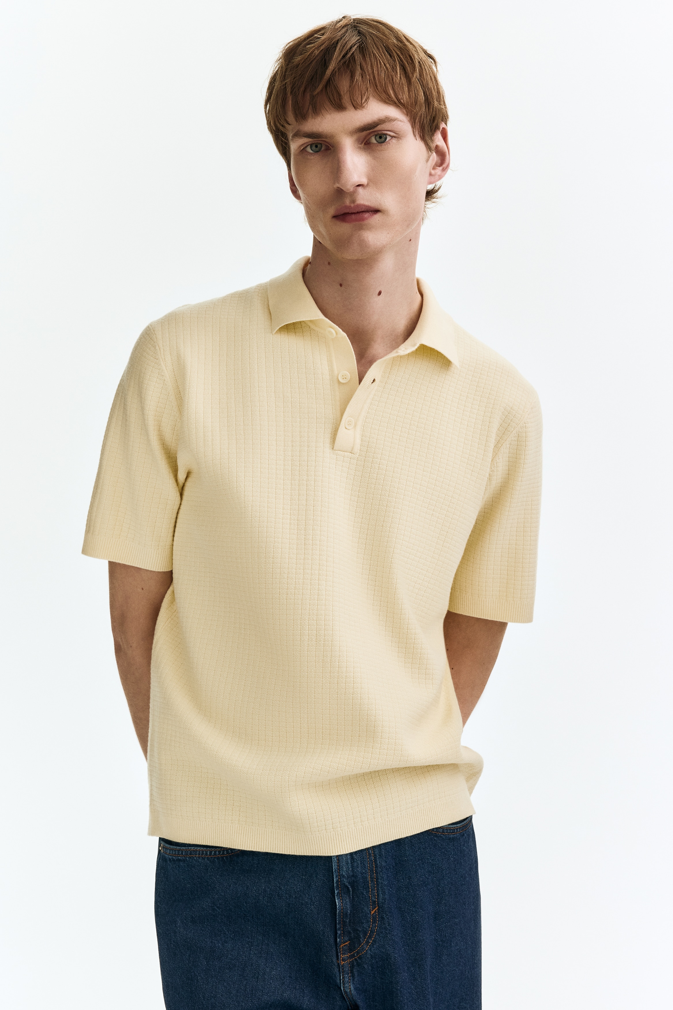 Áo polo dệt kim vân nổi Regular Fit - Màu vàng nhạt/Màu xám/Màu trắng