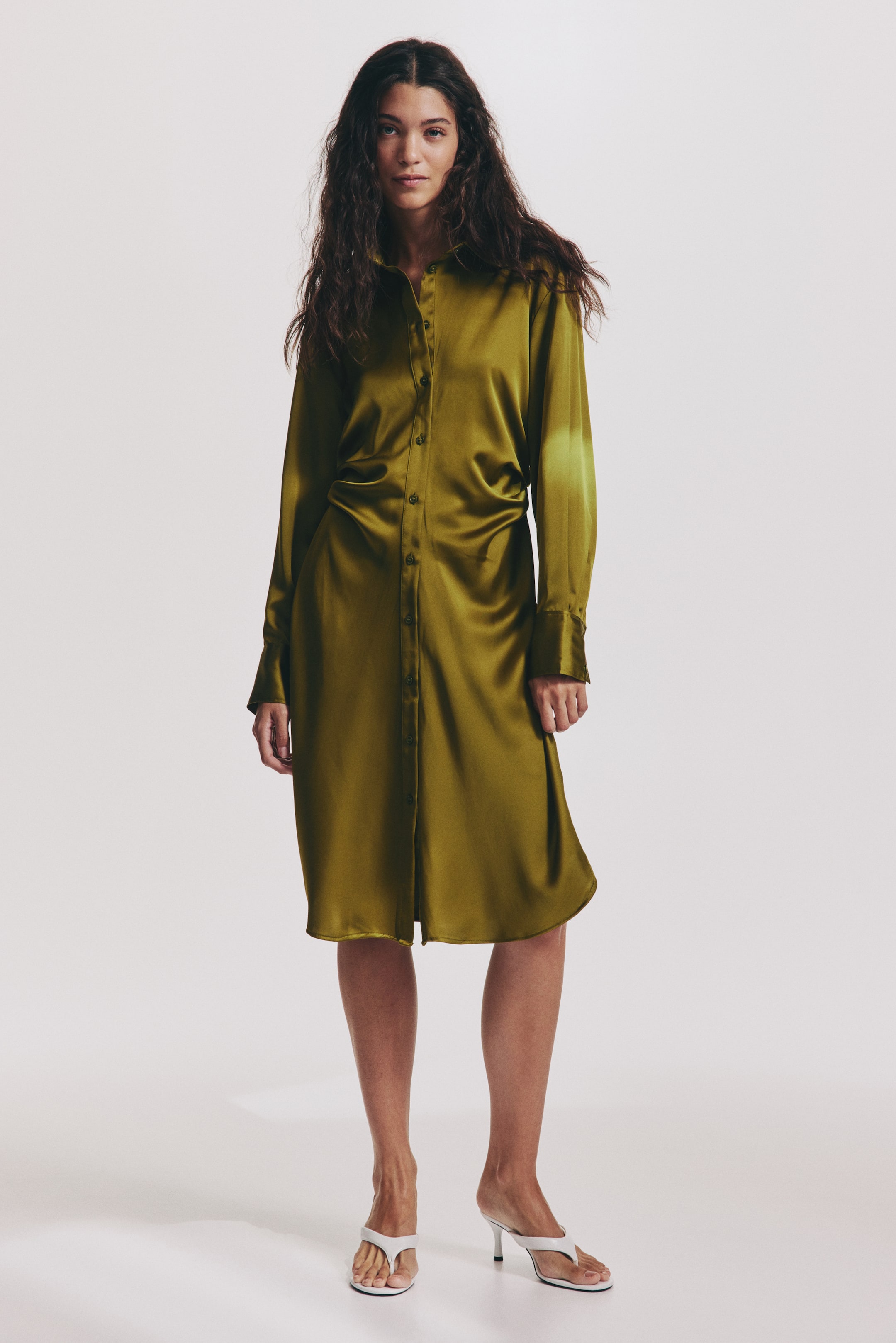View larger image: Satin shirt dress - Golden olive - Ladies | H&M HK 3