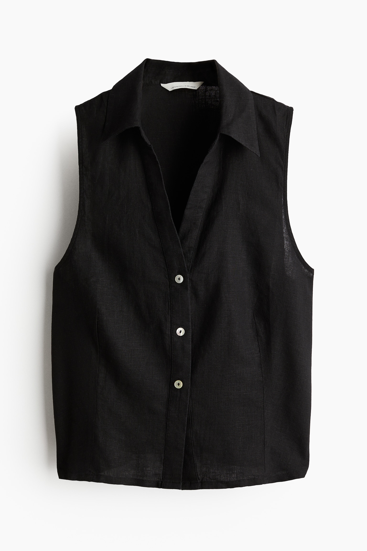 Sleeveless Linen Blend Shirt - Black/White/Light khaki green - 2