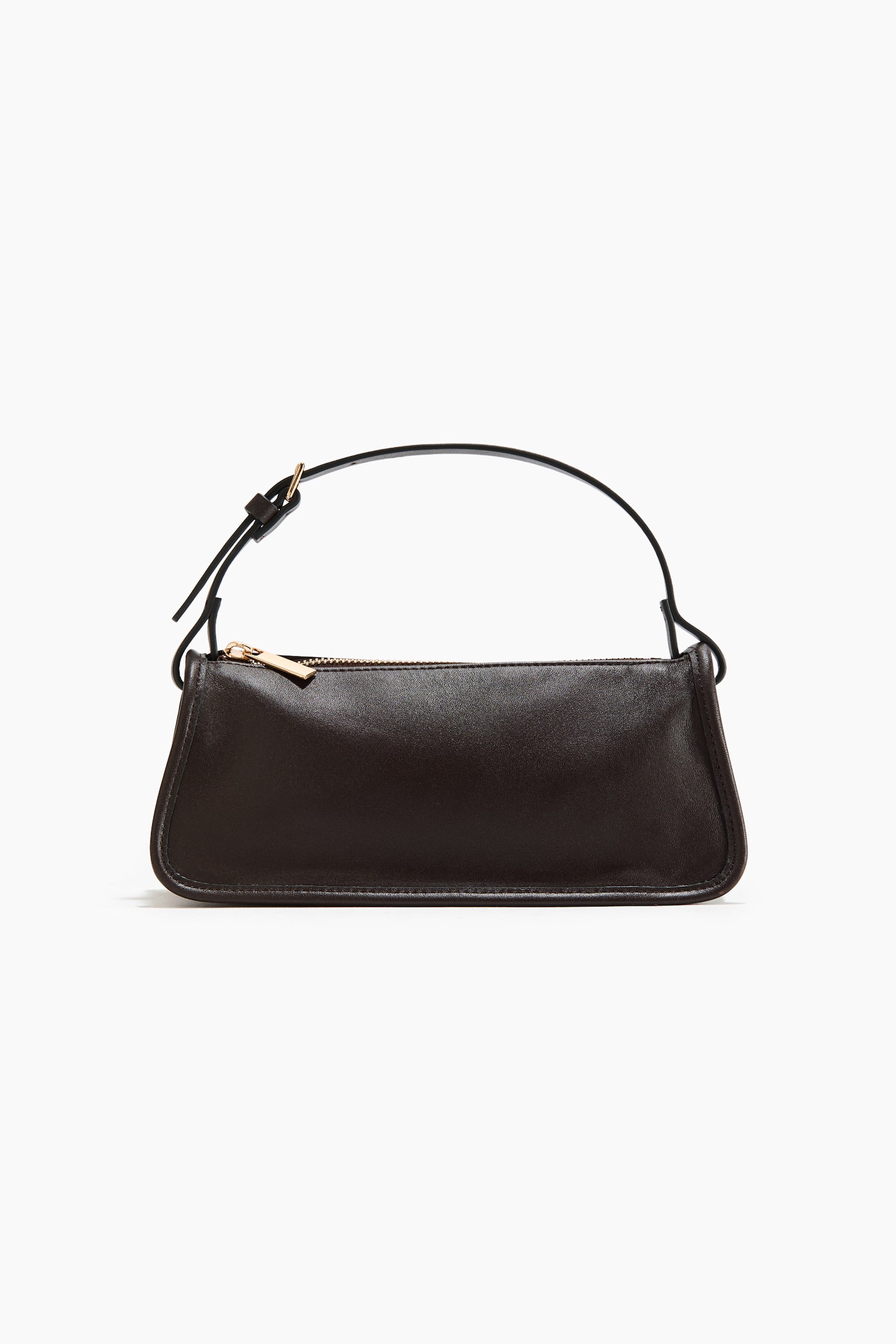 A dark brown smooth leather shoulder bag is displayed from the front, showcasing a rectangular form with gently rounded bottom corners. It comes with a slender, adjustable shoulder strap equipped with a gold-toned buckle, and a gold-toned zipper runs across the top.