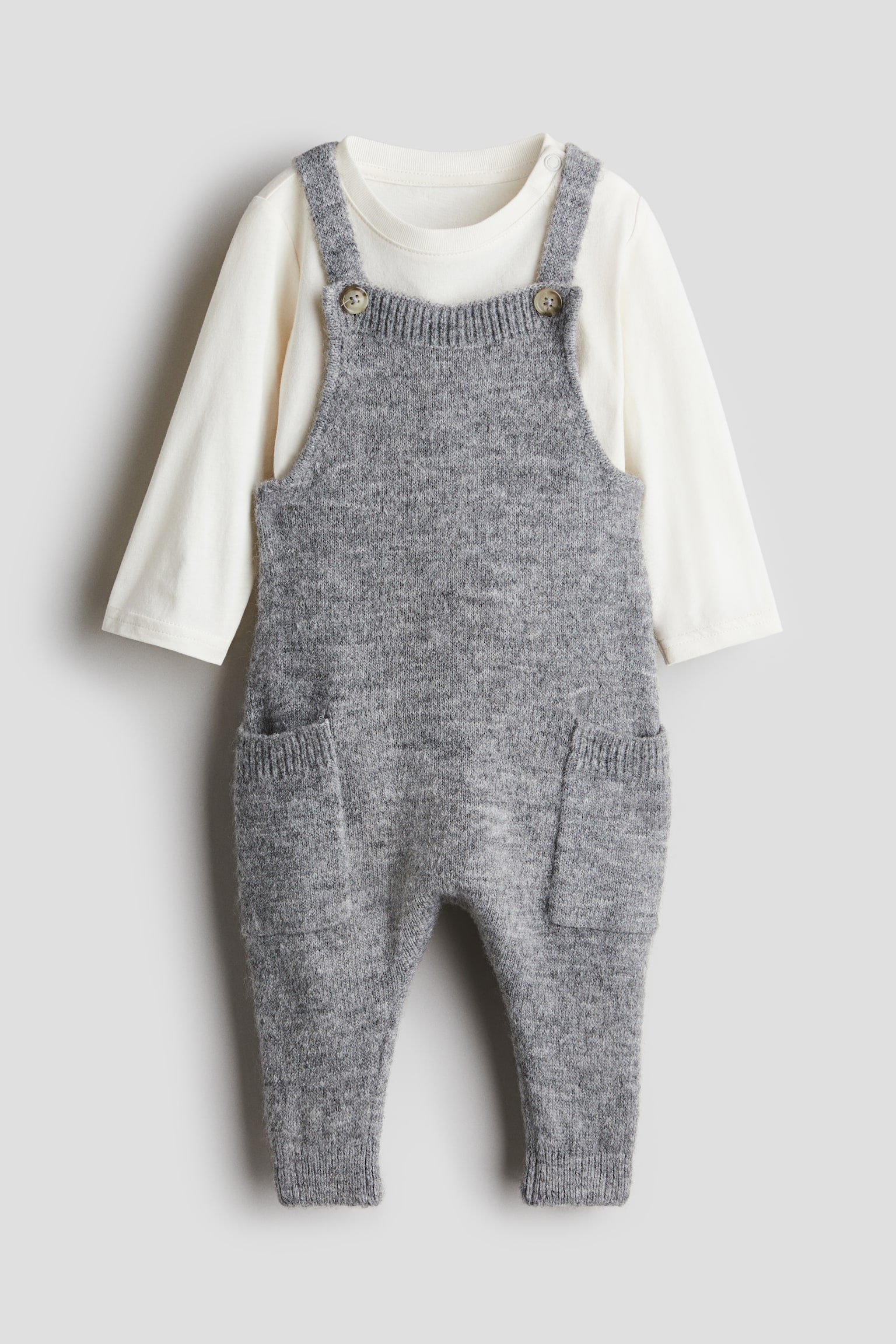 2-piece top and dungarees set - Grey marl/White - 1