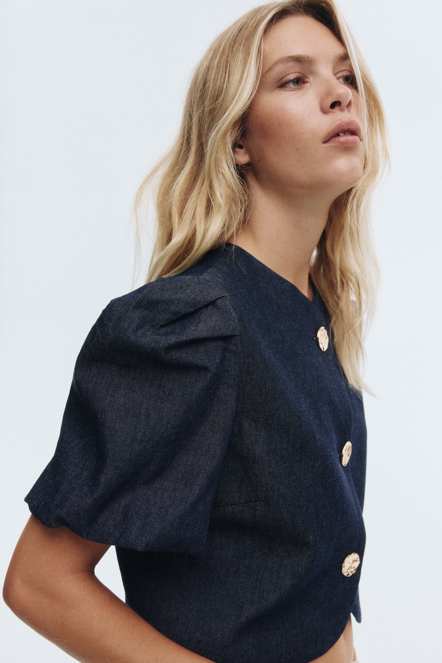 Blouse à manches ballon en denim - Bleu denim foncé - 3