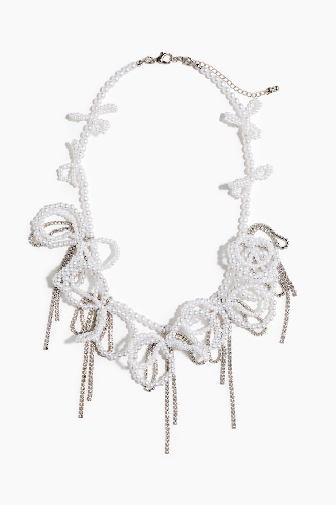 Beaded Bow Necklace - White - 1