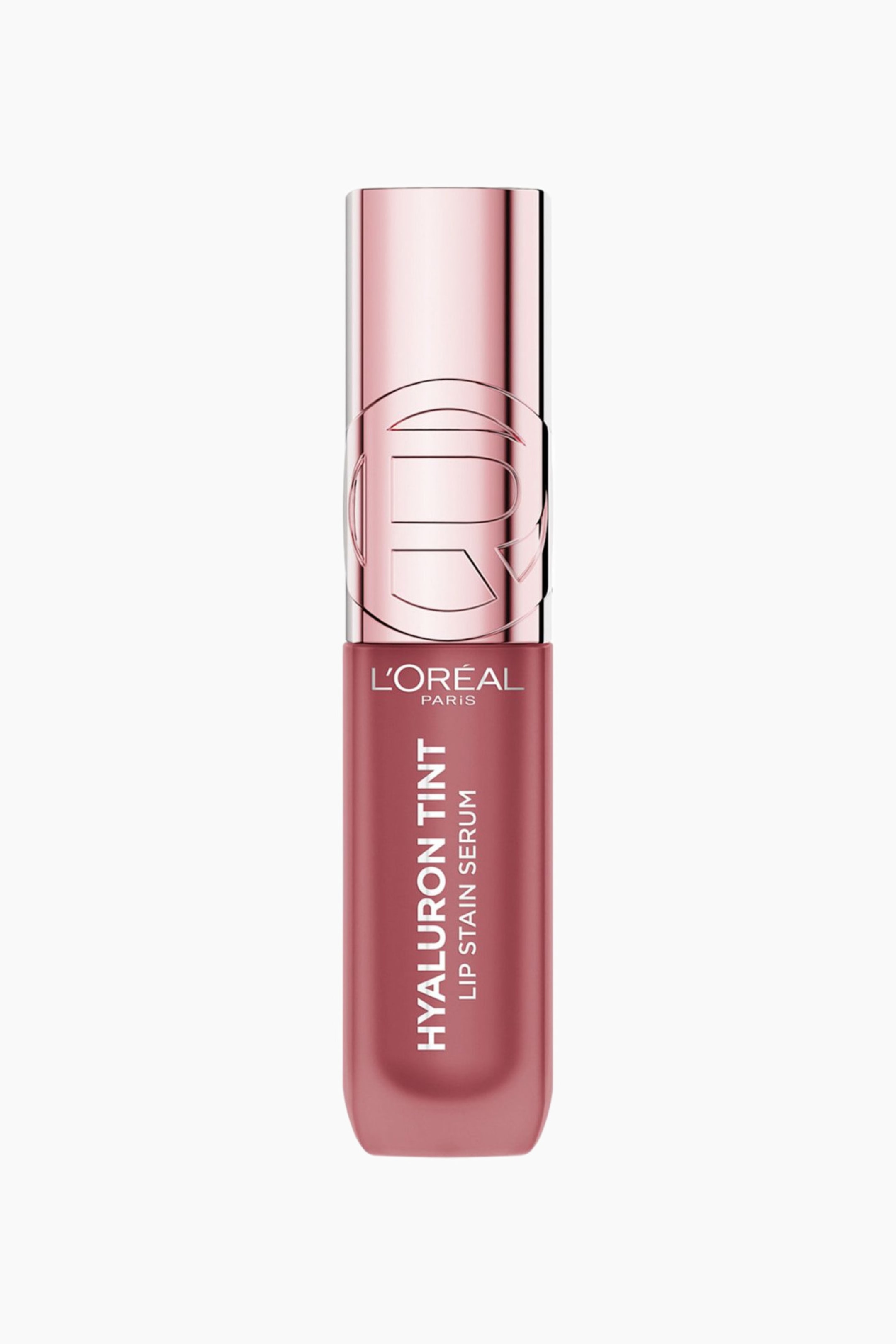 Visa större bild: En rektangulär L'Oréal Paris Hyaluron Tint Lip Stain Serum-flaska står upprätt och visar en rosig mauvefärgad vätska samt ett metalliskt roséguldslock med en präglad 'R'-logotyp.