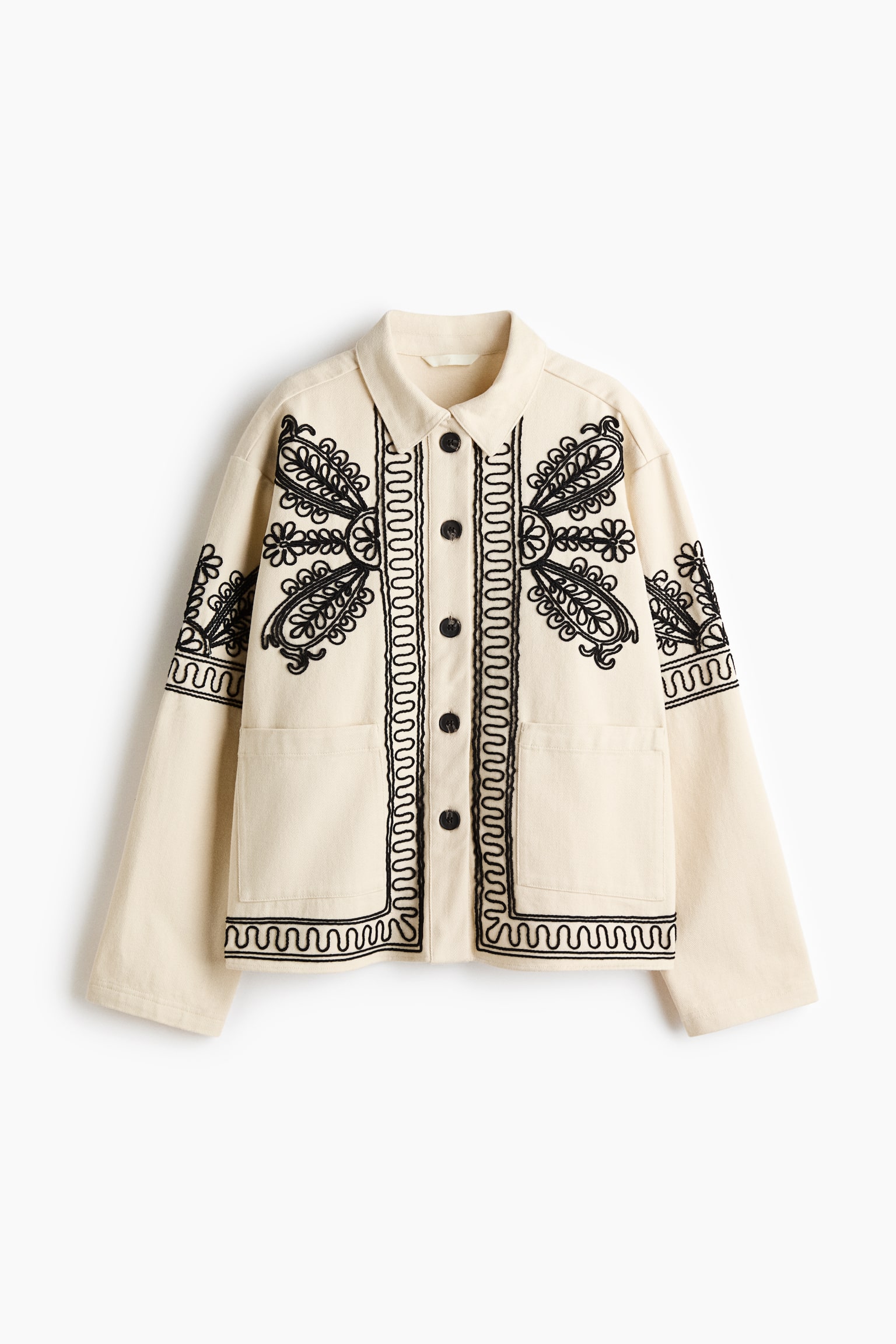 Embroidered twill jacket - Light beige/Black