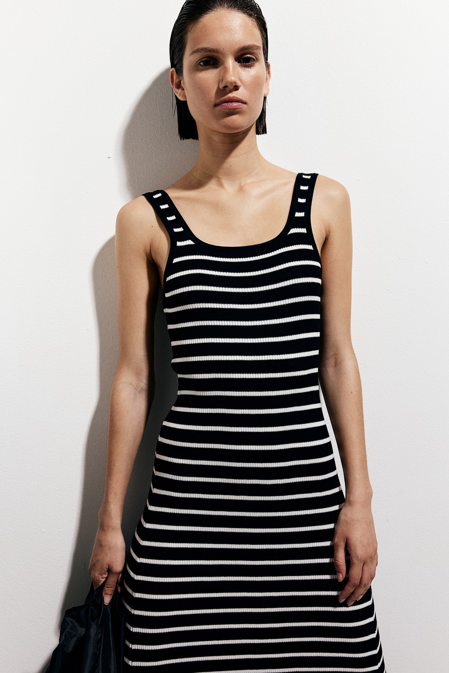 Flared Skirt Rib Knit Dress - Black/Stripe/Cream/Black/White/Stripe - 6