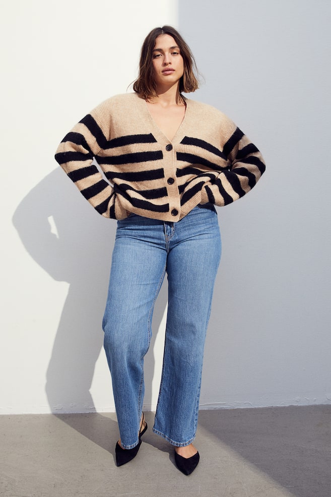 Oversized rib-knit cardigan - Beige/Striped/Black/Striped - 4