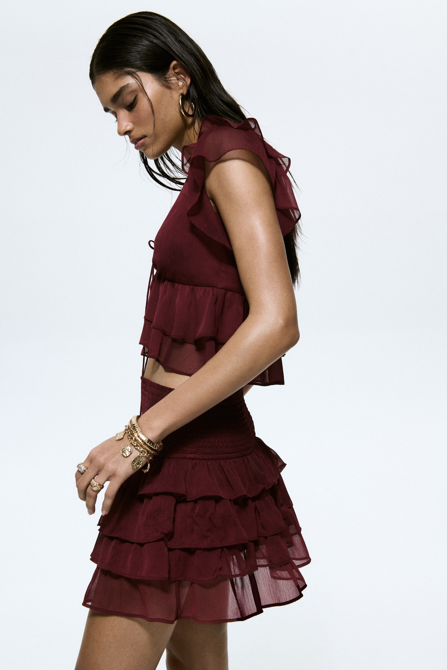 Frill-trimmed chiffon top - Burgundy/Cream/Paisley pattern/Yellow/Glittery - 3