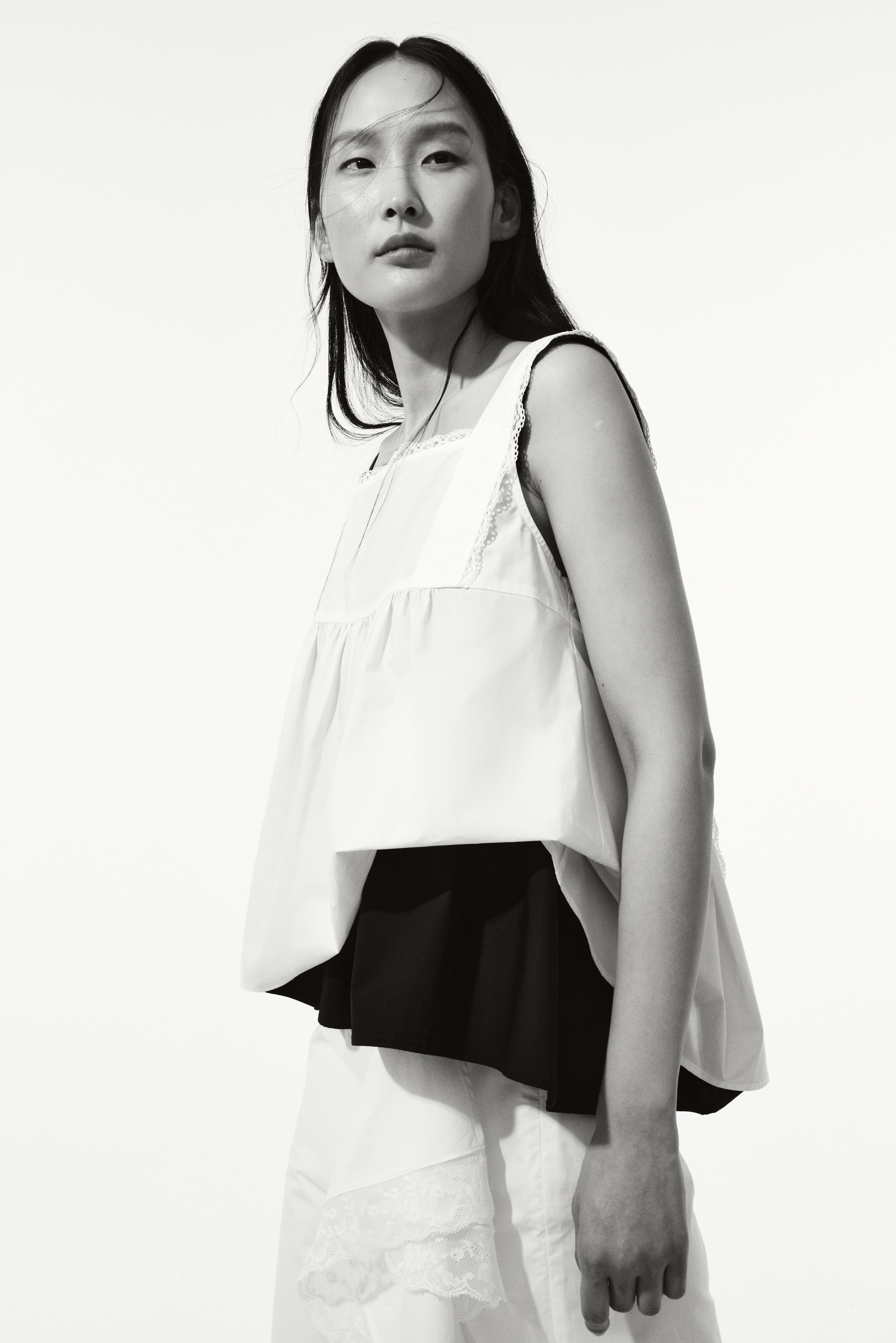 Lace-Trimmed Cotton Top - White/Light yellow/Black