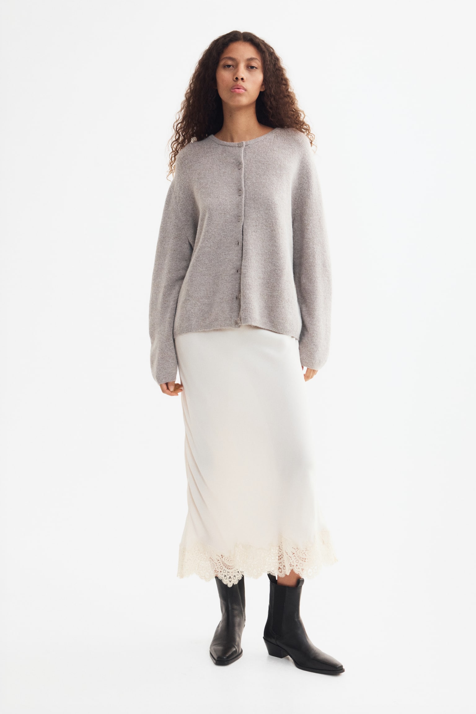 Loose-fit cardigan - Greige/Dark brown/Light green marl/Dark purple/Light beige marl/Brown/Beige marl/Dark grey marl - 1