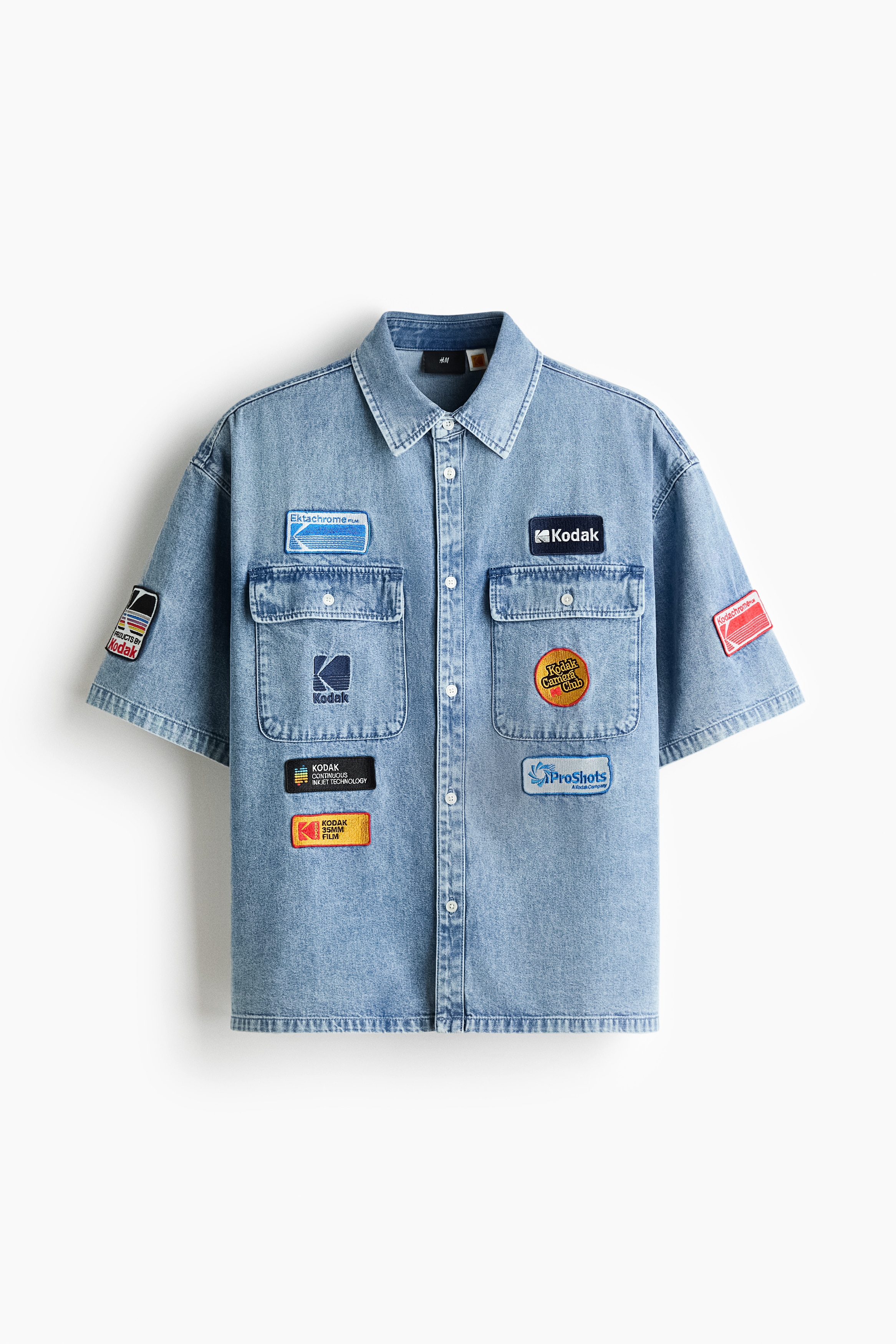 Áo sơ mi cotton denim Loose Fit đính trang trí - Màu xanh denim/Kodak/Màu xanh dương đậm/Kodak