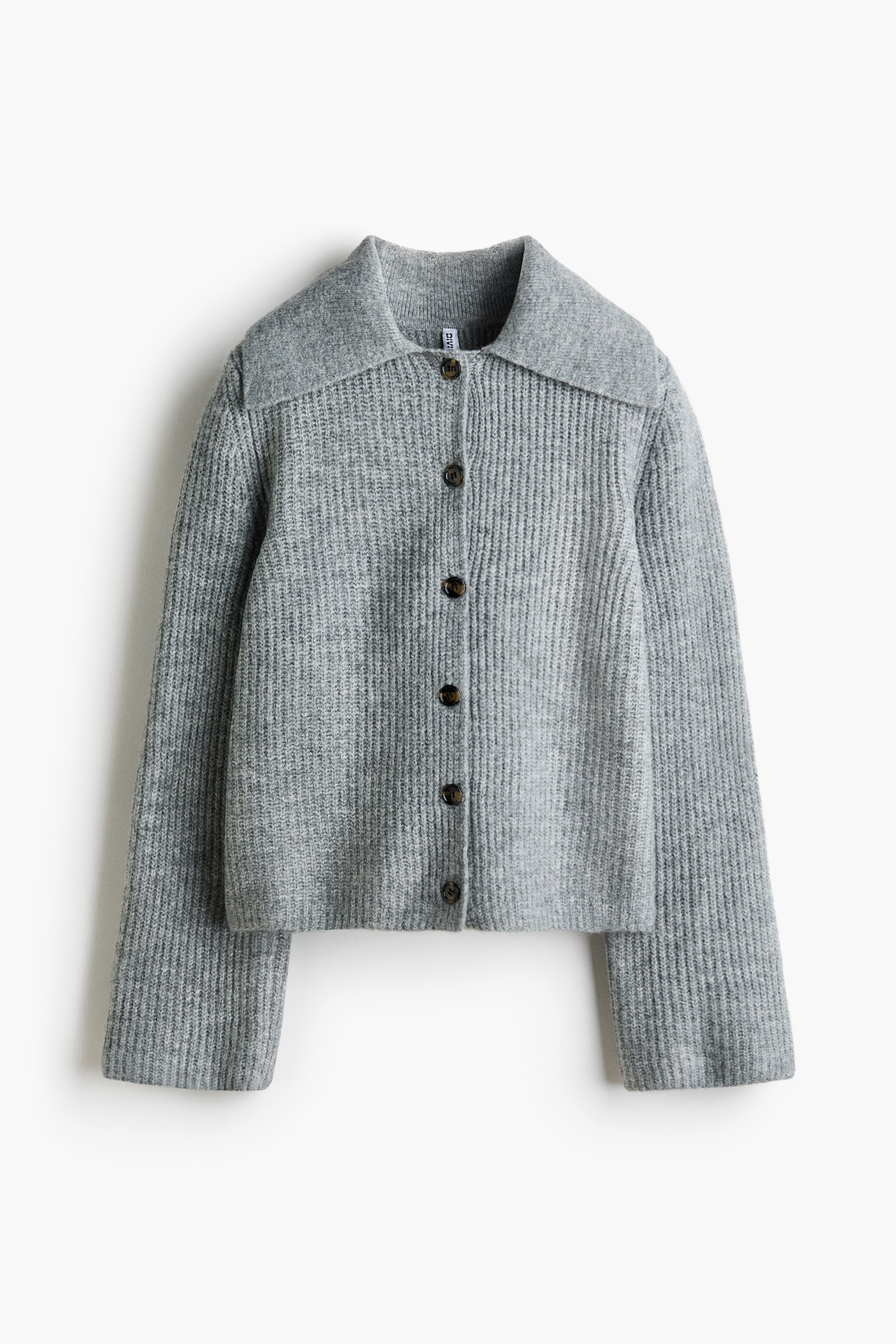 Rib-knit collared cardigan - Gris clair chiné