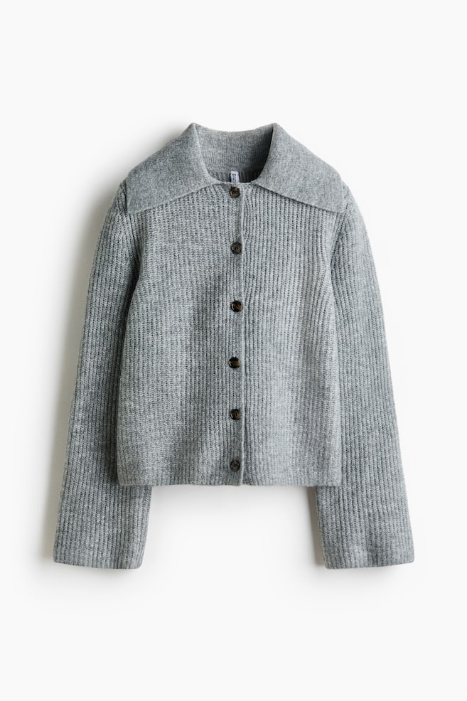 Cardigan in maglia a coste con colletto - Grigio chiaro mélange - 1
