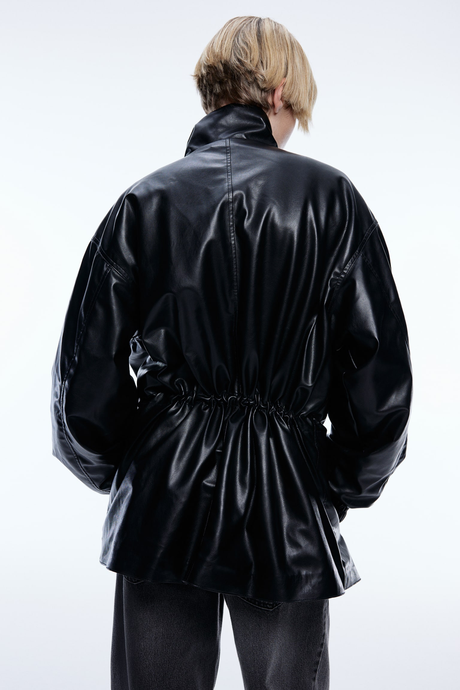 Drawstring-detail coated jacket - Black - 4