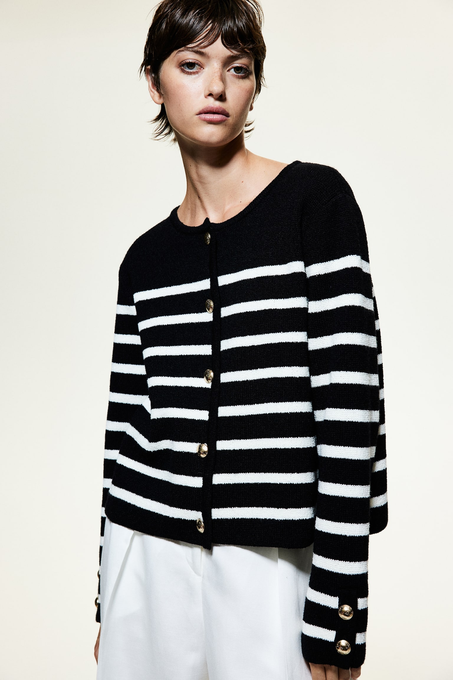 Knitted cardigan - Black/Striped/Natural white/Striped/Cream/Blue striped/White/Beige striped - 1