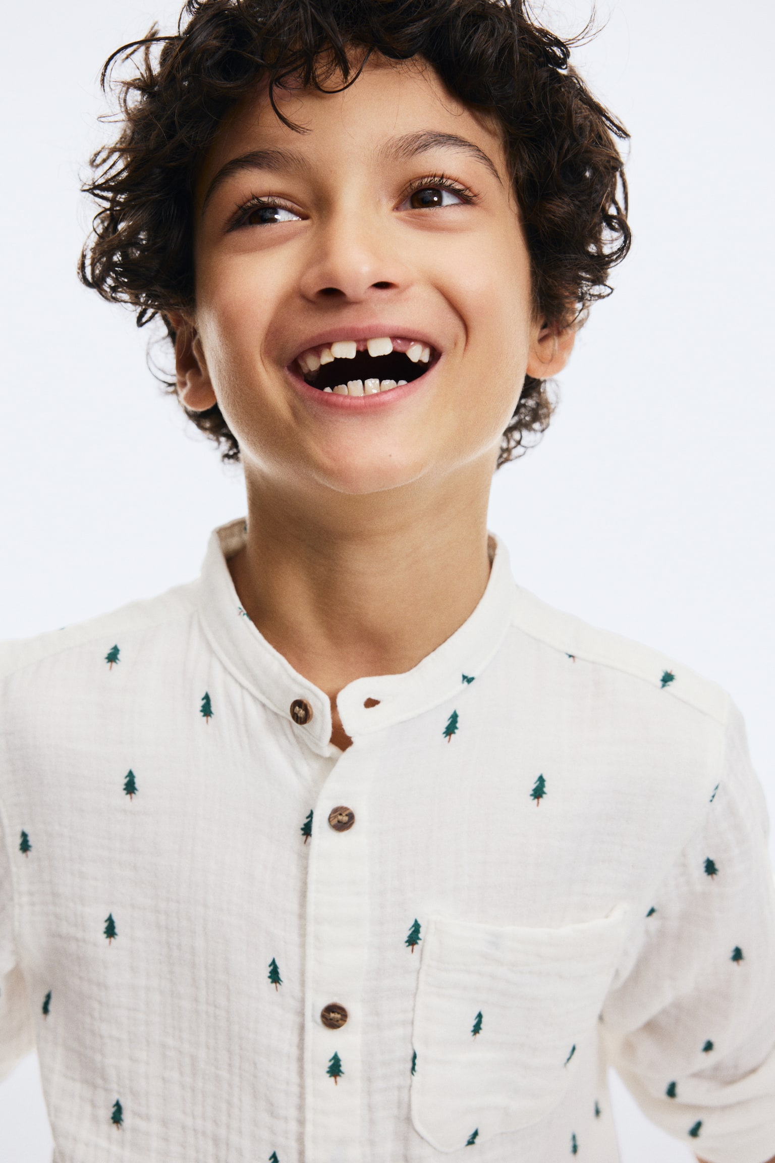 Cotton muslin grandad shirt - White/Fir Trees/Navy blue - 4