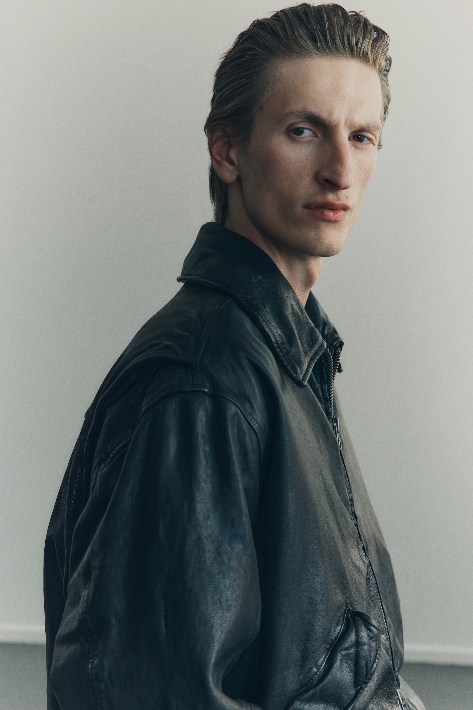 寬鬆剪裁真皮飛行外套 - 黑色 - 8