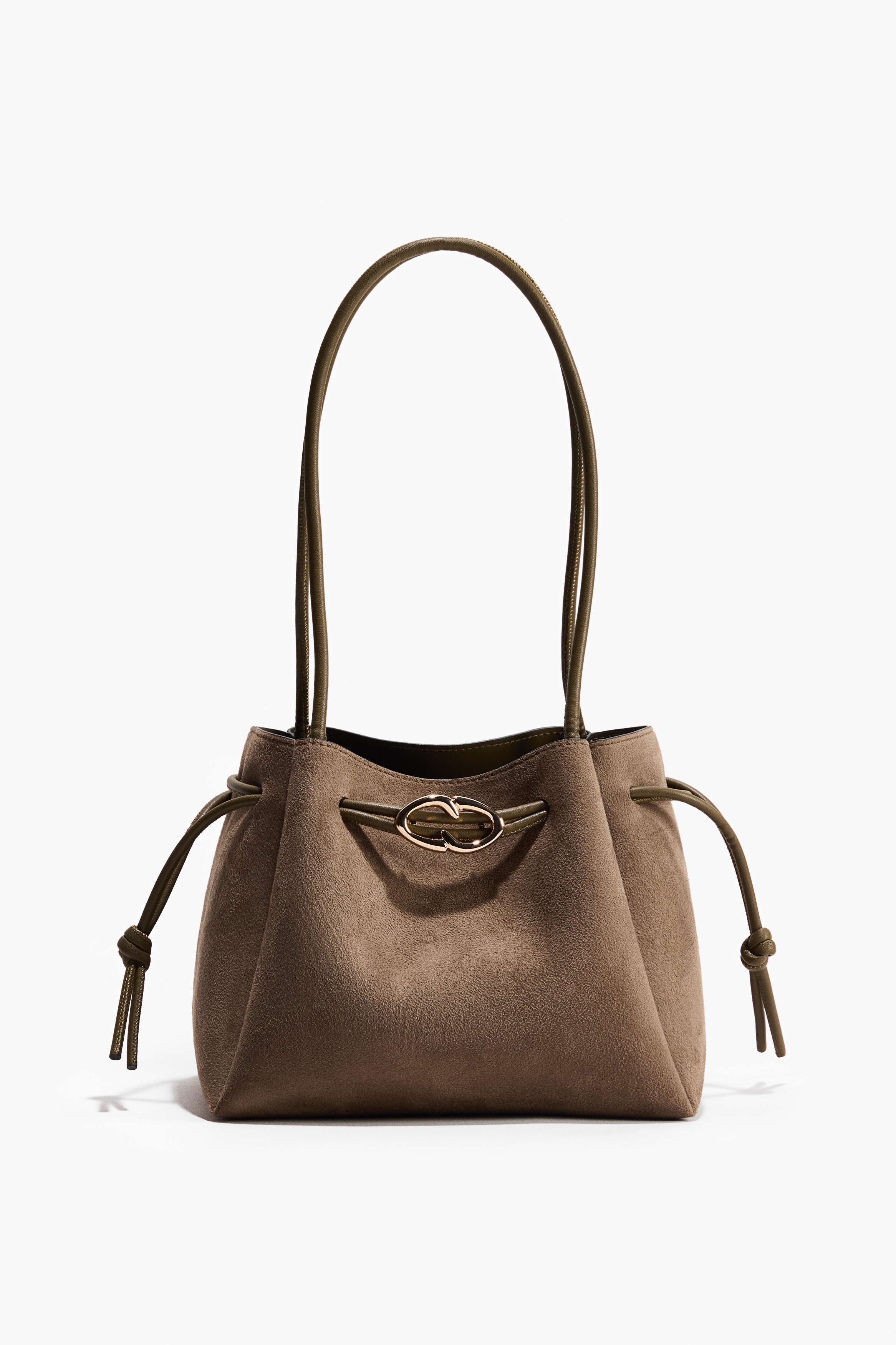 Shoulder Bag with Drawstring - Beige/Dark brown/Brown