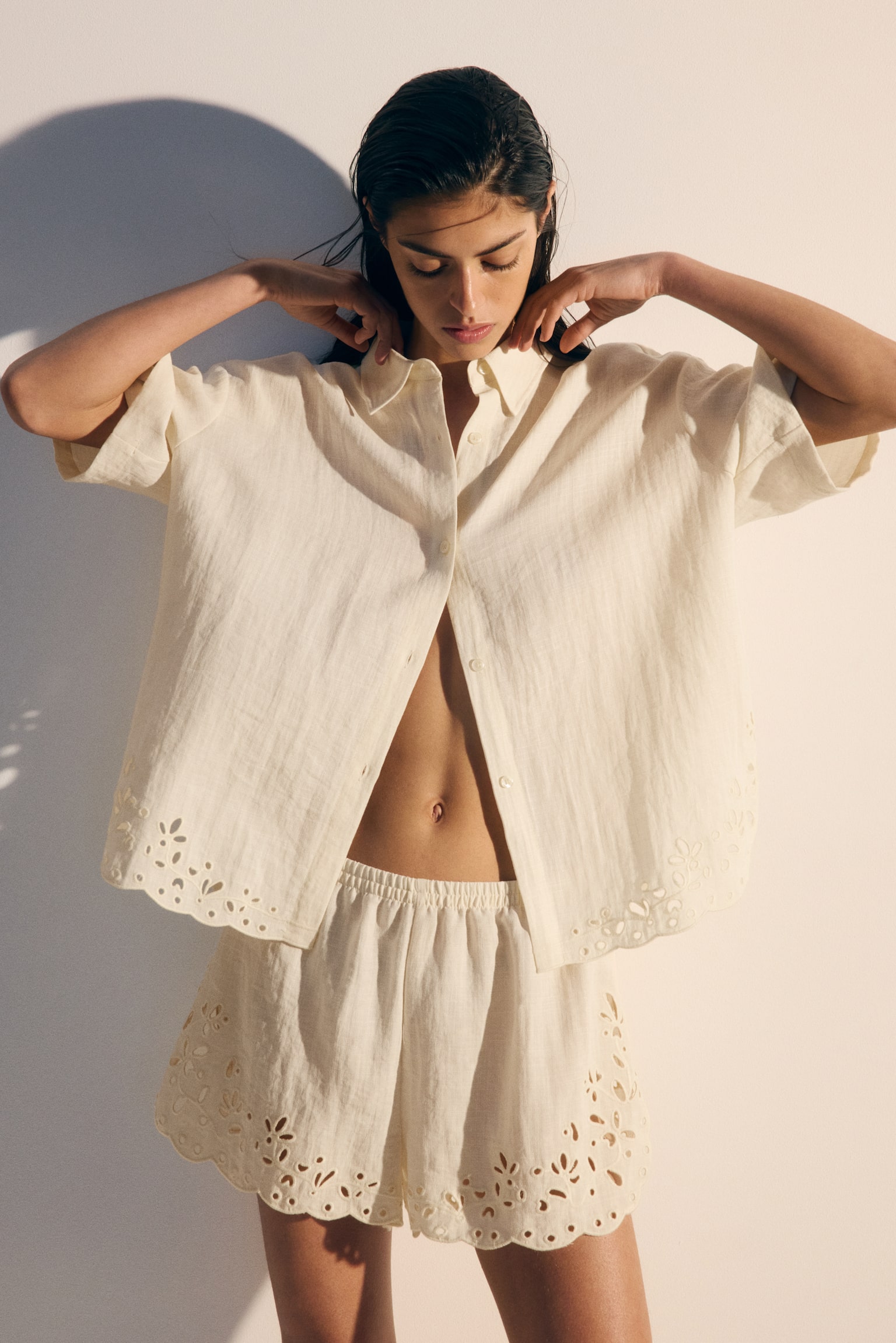Broderie anglaise beach shirt - Cream - 1