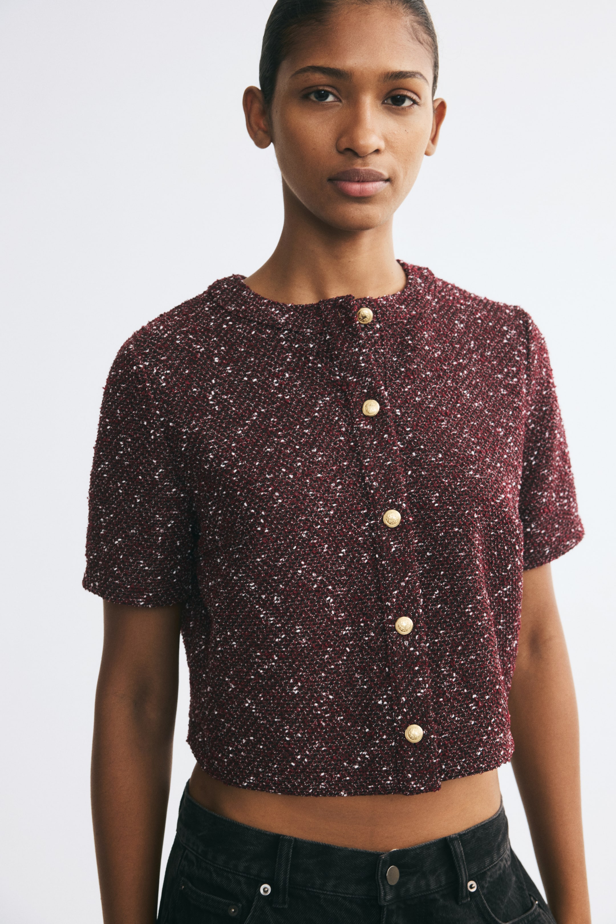 View larger image: Short-sleeved bouclé-knit cardigan - Burgundy - Ladies | H&M HK 1