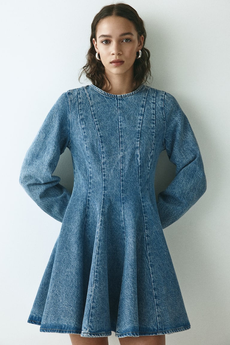 frame micro flare denim dress FRAME Micro Flare Denim Mini Dress