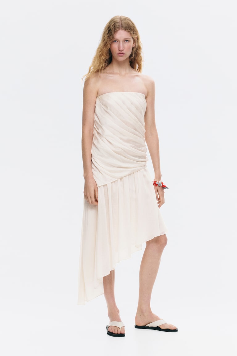 overlap bandeau midi dress in beige ASOS DESIGN embellished bandeau midi dress with wrap waist detail in cream