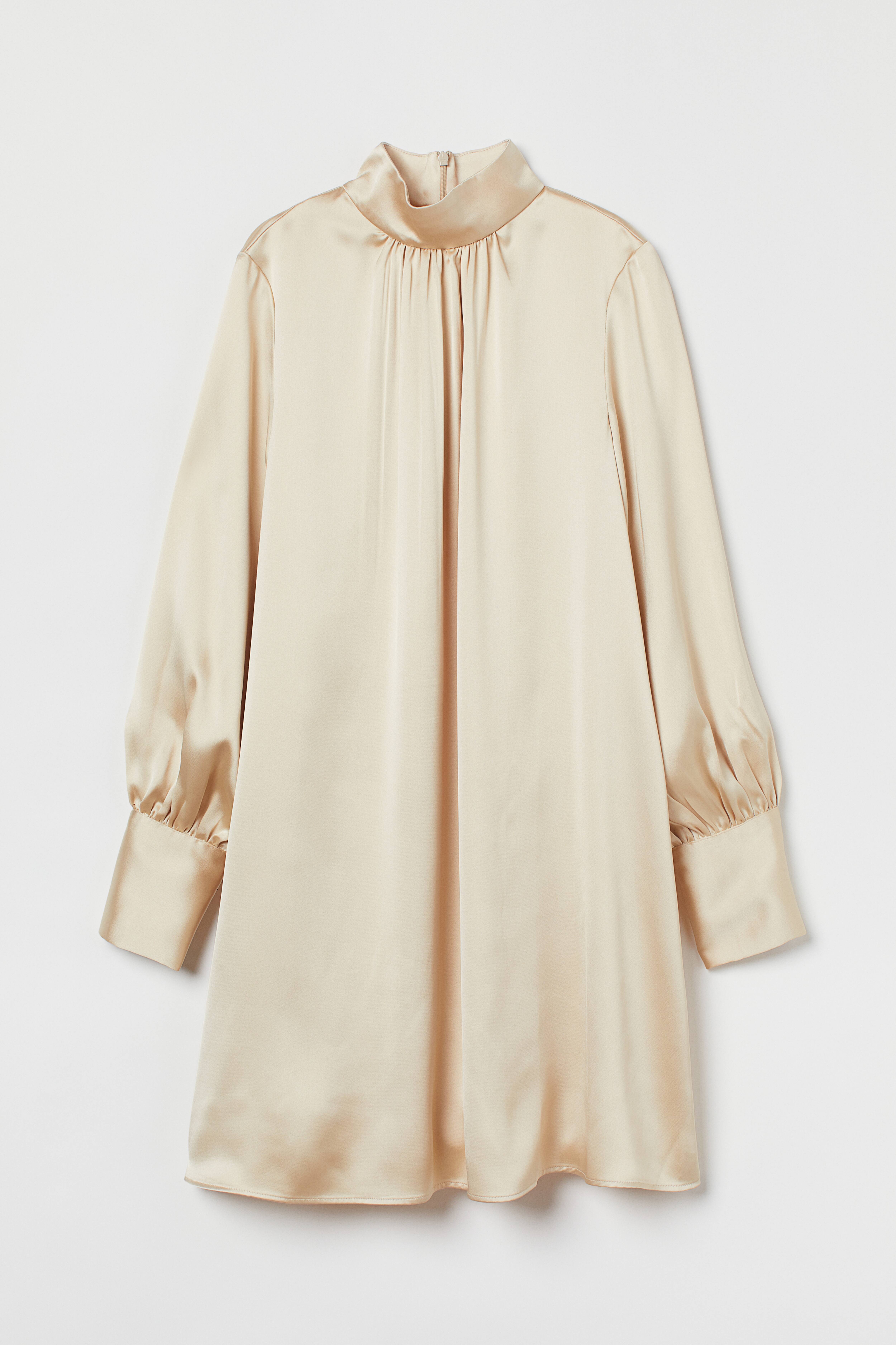 Satin Dress - Long sleeve - Short - Light beige - Ladies | H&M US