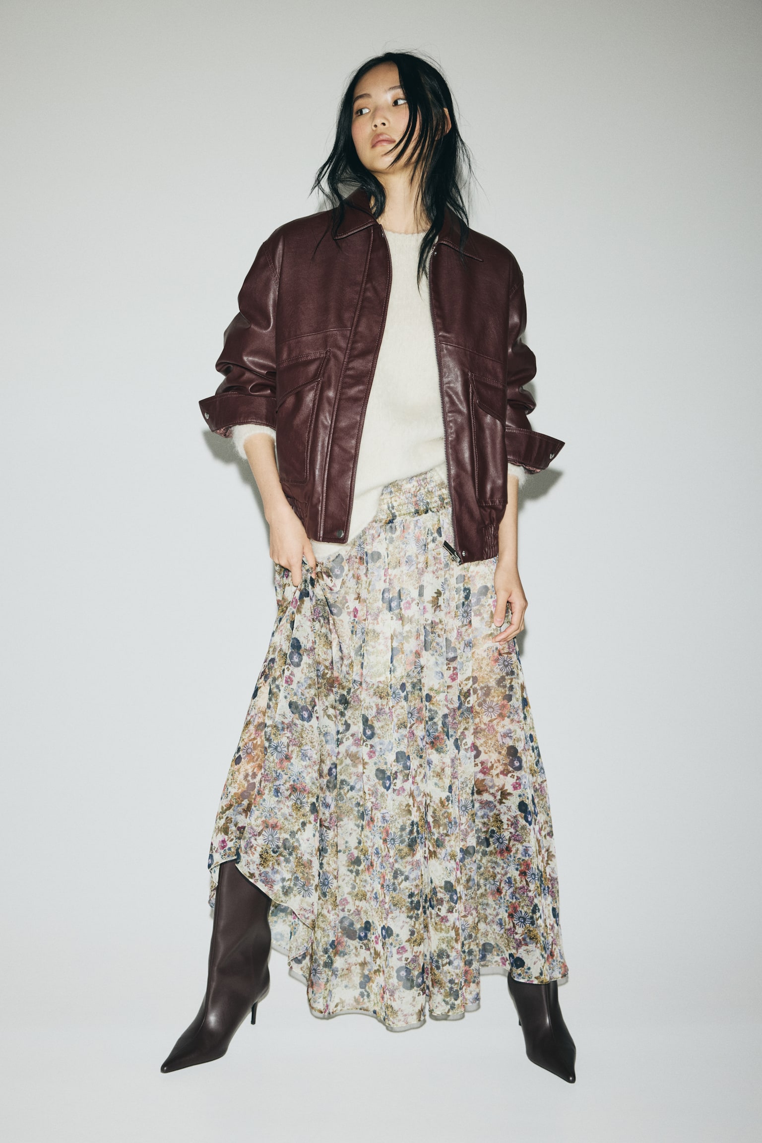 Smock-waisted crêpe skirt - Beige/Floral - 2