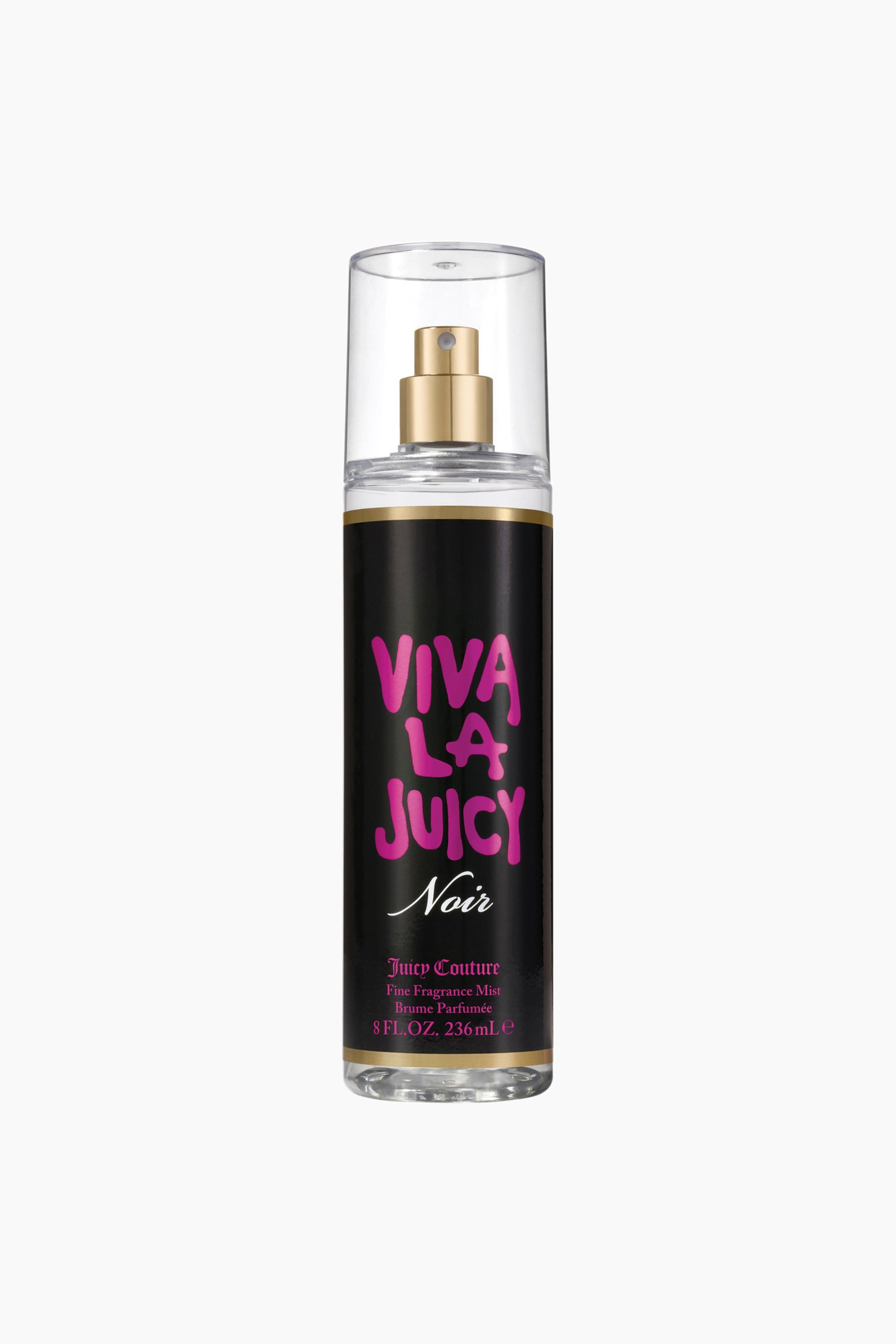 Vis større bilde: En duftmistflaske står oppreist, med en klar sylindrisk hette som dekker en gullspraydyse. Den svarte etiketten viser "VIVA LA JUICY" i livlige rosa bokstaver og "Noir" i kursiv, med et tynt gullbånd som fremhever toppen og bunnen av etiketten.