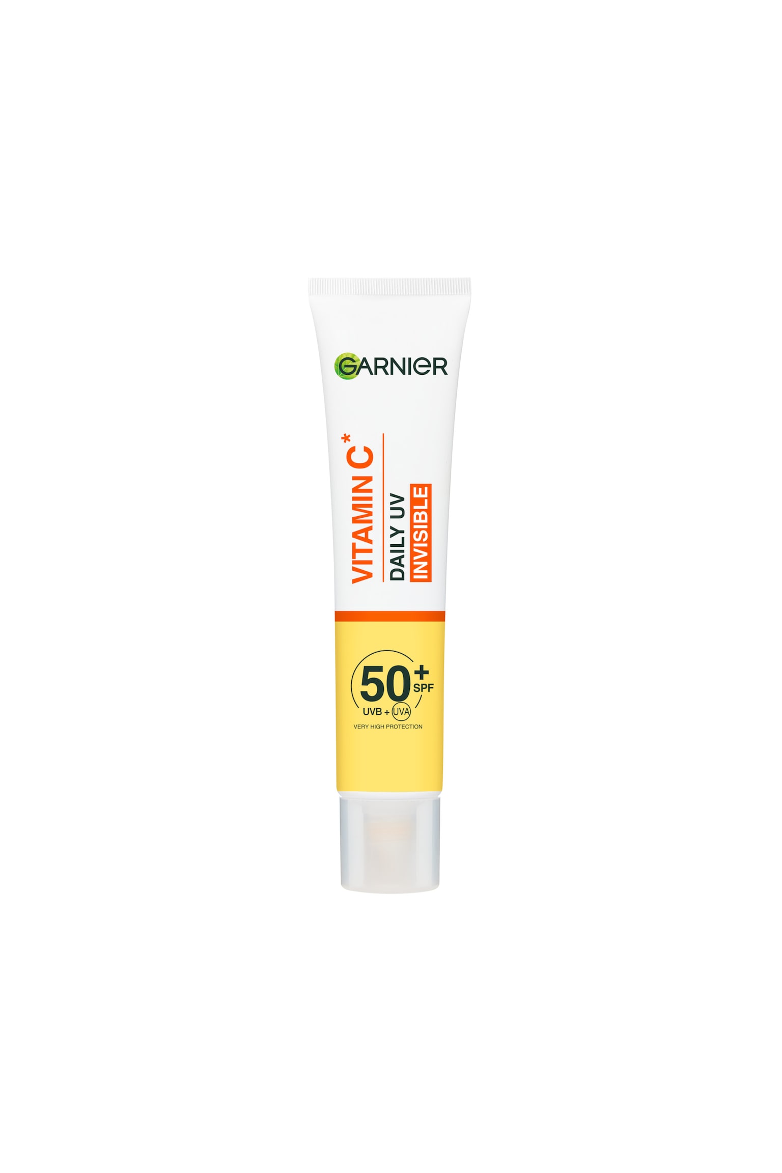 PystyssÃ¤ seisova Garnier Vitamin C Daily UV Fluid -puristetuubi on suunnattu suoraan eteenpÃ¤in. Pakkauksessa on valkoinen ylÃ¤osa, jossa on oranssia tekstiÃ¤, ja keltainen alaosa, jossa lukee mustalla "50+ SPF", ja alhaalla on kirkas muovikorkki.