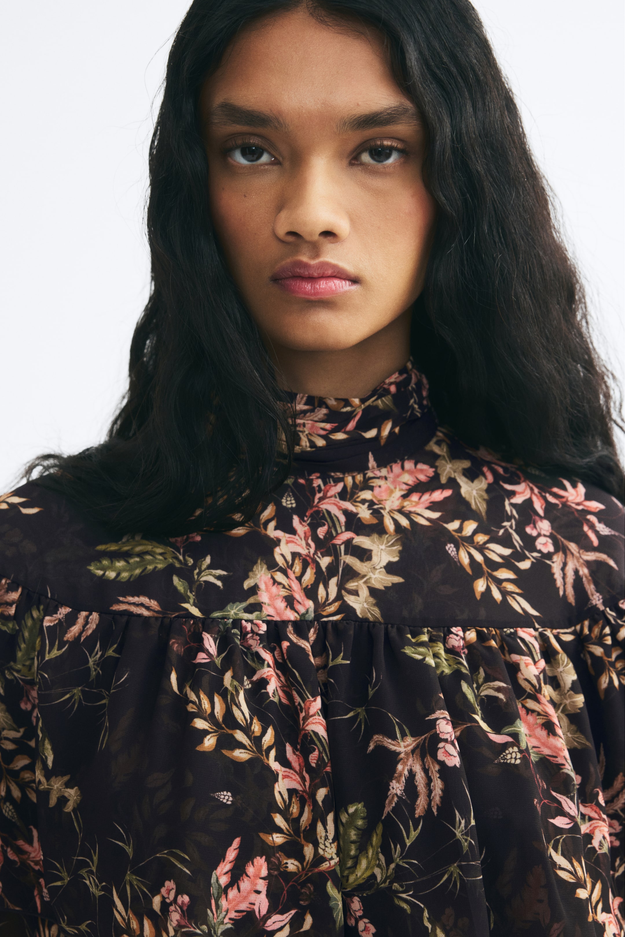 Ruffle-Trimmed Stand-Up Collar Dress