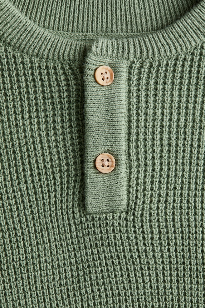 Waffle-knit Henley Sweater - Green/Light beige melange/Cream/black striped - 2