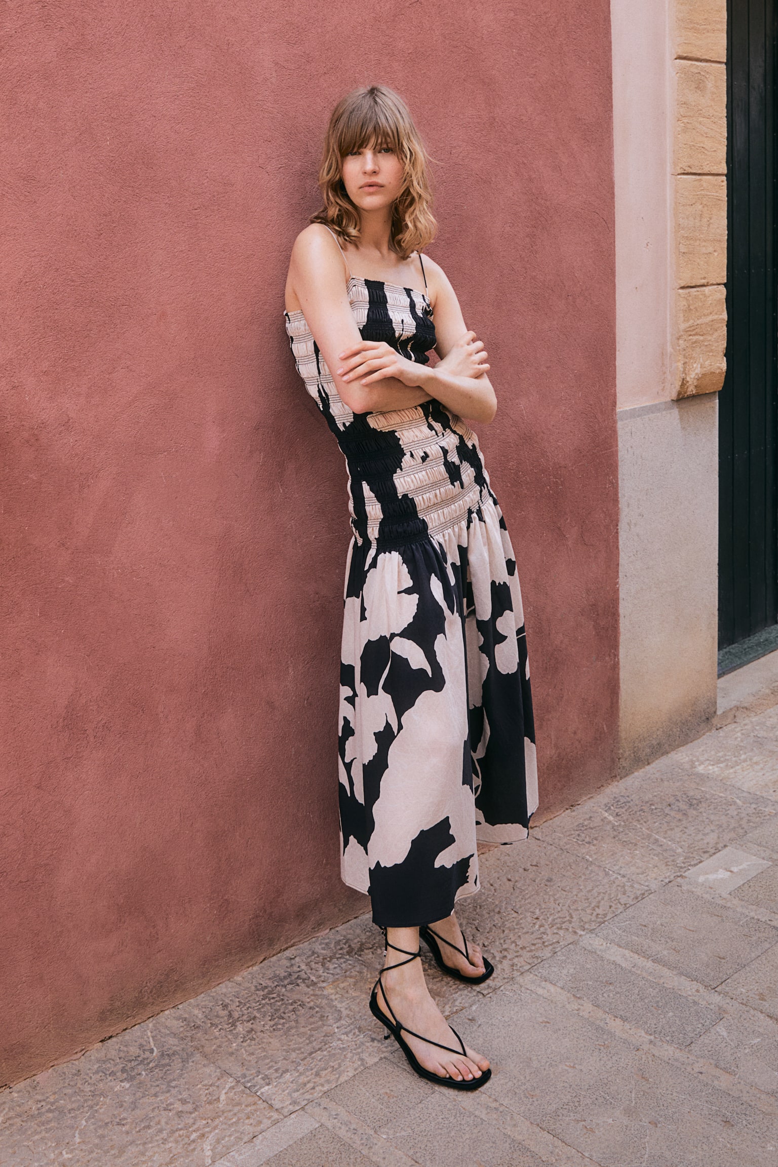 Smock Maxi Dress - Black/Floral/Black/Light pink - 4