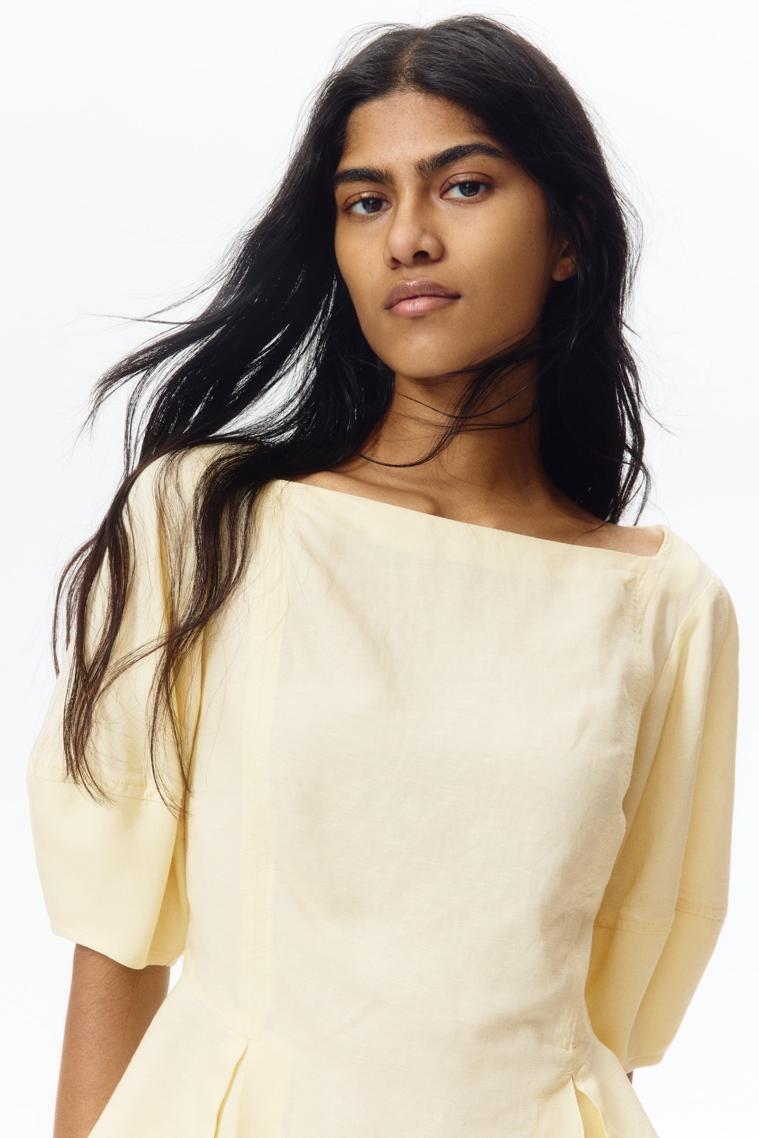 Linen-blend peplum top - Light yellow/Light beige - 1