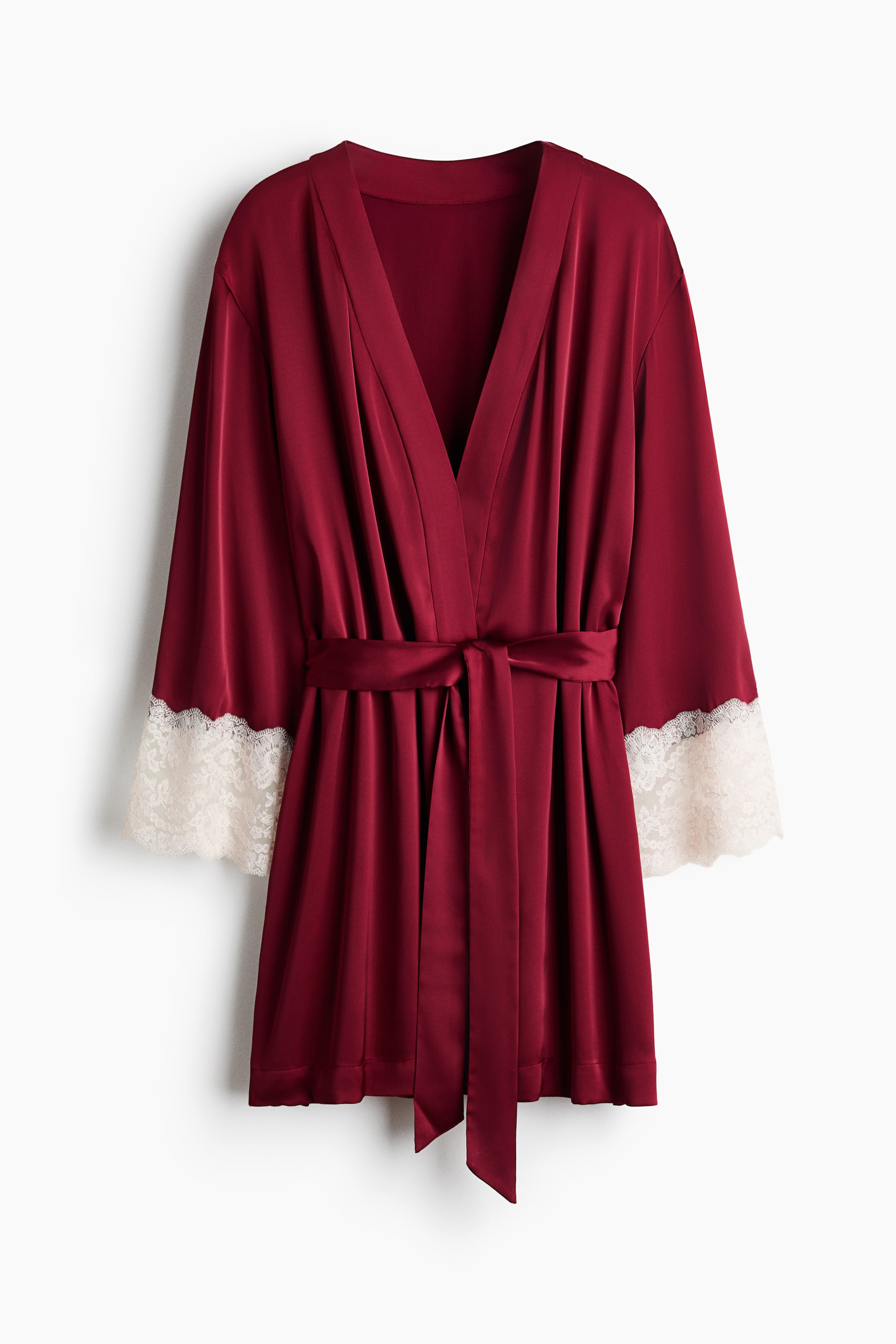 View larger image: Lace-trimmed satin dressing gown - Dark red - Ladies | H&M 1