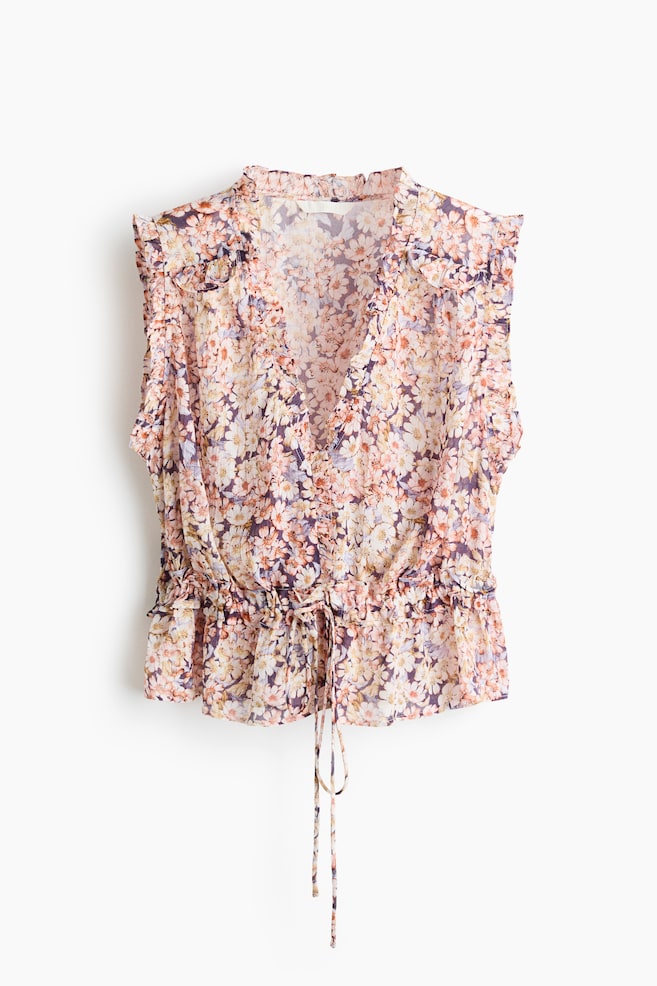 Frill-trimmed lyocell top - Dark purple/Floral/White/Peach pink - 1