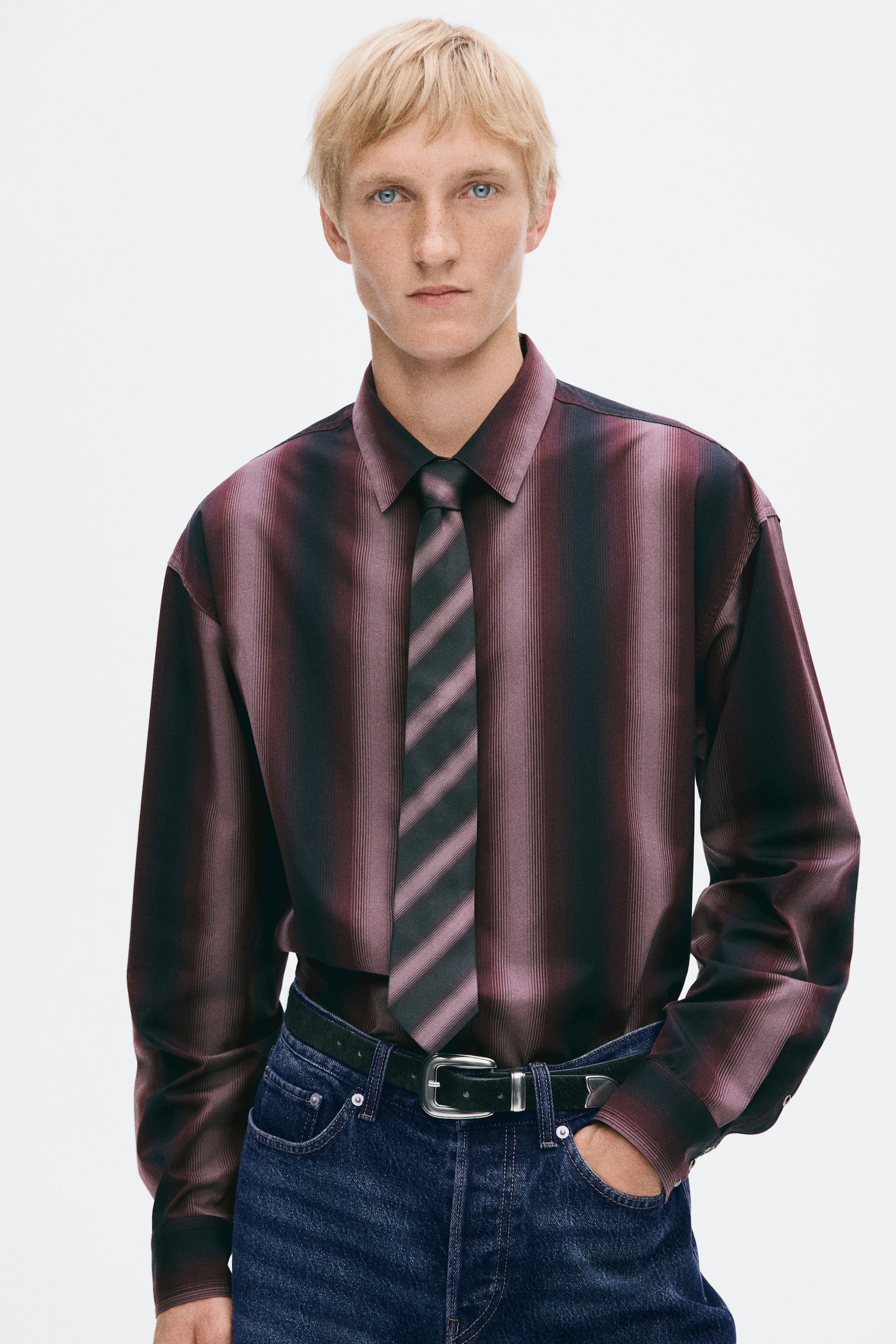 Мужская рубашка H&M Regular-Fit Pima Cotton, цвет: Бордовый / Полосатый — фото 4