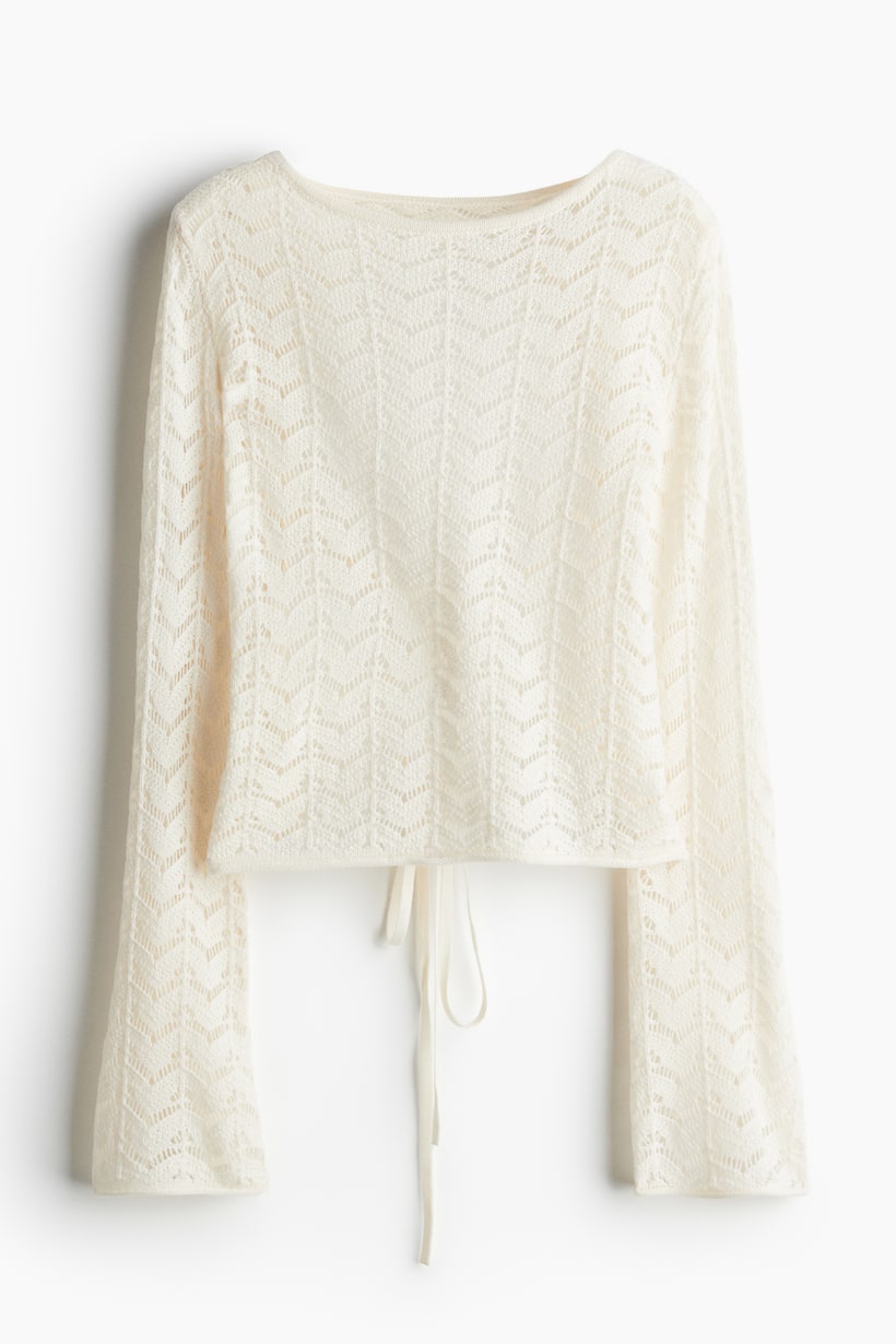 Open-back Pointelle-knit Top - Boat Neck - Long sleeve - Cream - Ladies ...