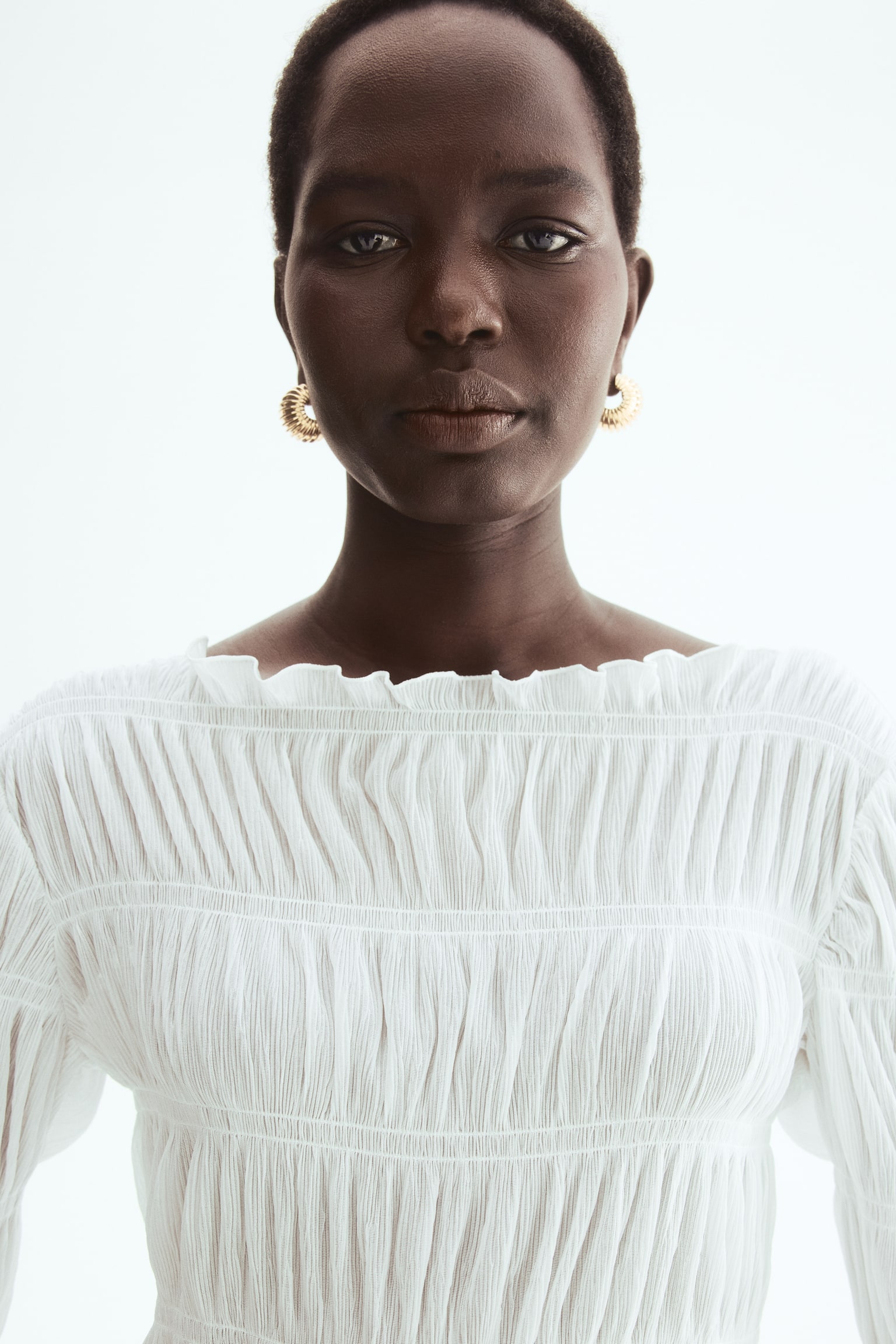 Smocked boat-neck top - White - 7