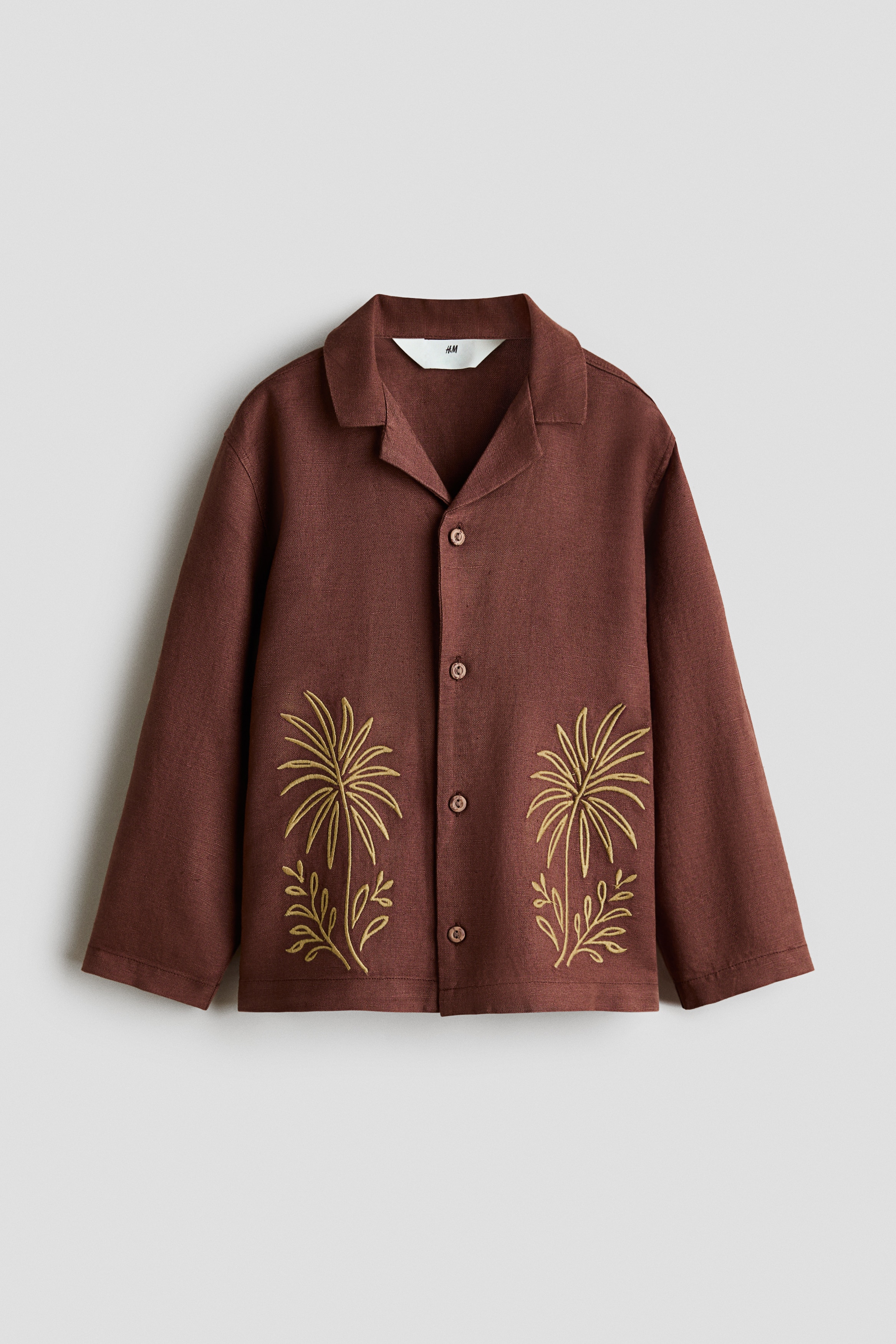 Embroidered linen-blend resort shirt - Dark brown/Leaves
